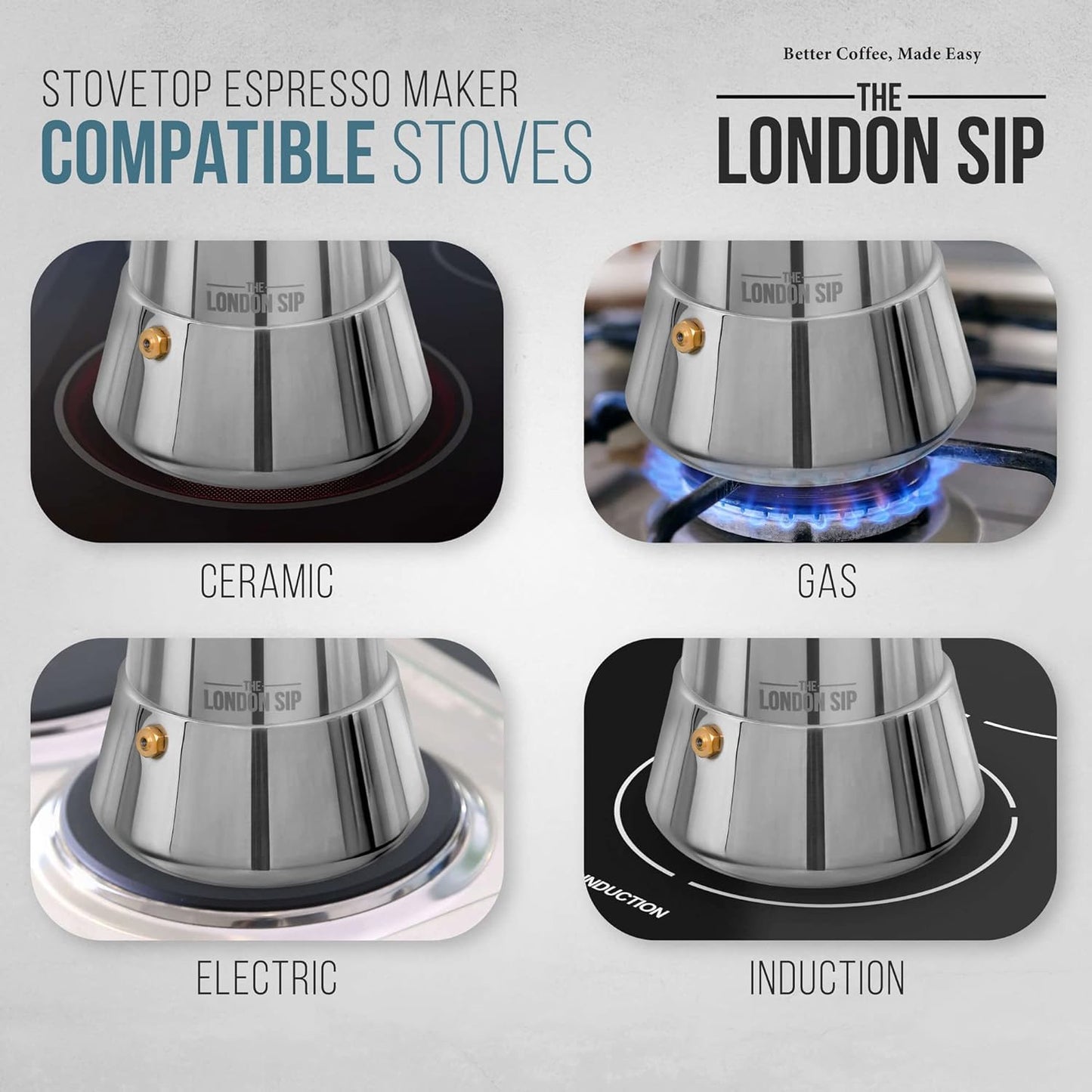 London Sip Stainless Steel Stovetop Espresso Maker Moka Pot Italian Coffee Percolator, Silver, 10 Espresso Cups