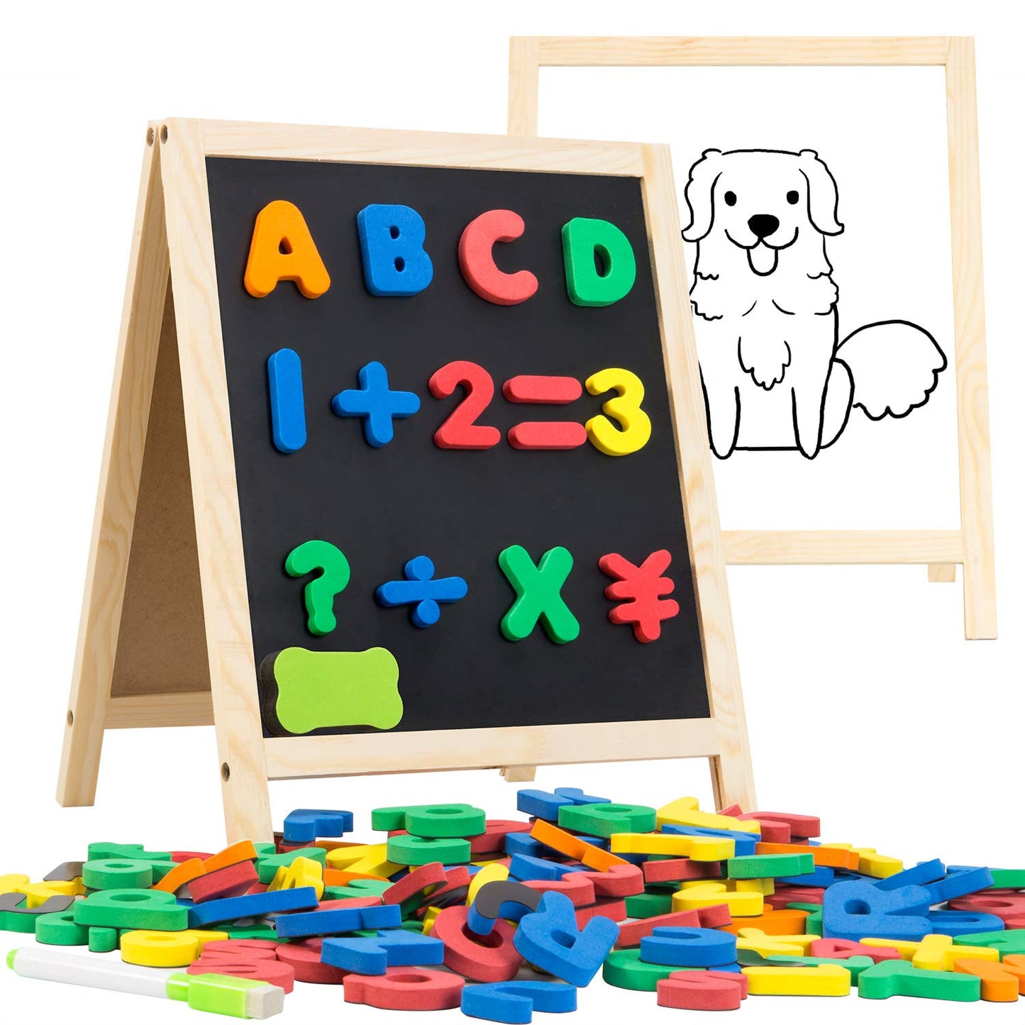 INNOCHEER Magnetic Letters and Numbers with Easel for Kids - 133 Pieces Alphabet Magnets, Educational Dry Erase Board - Whiteboard & Chalkboard for Toddlers Writing & Drawing