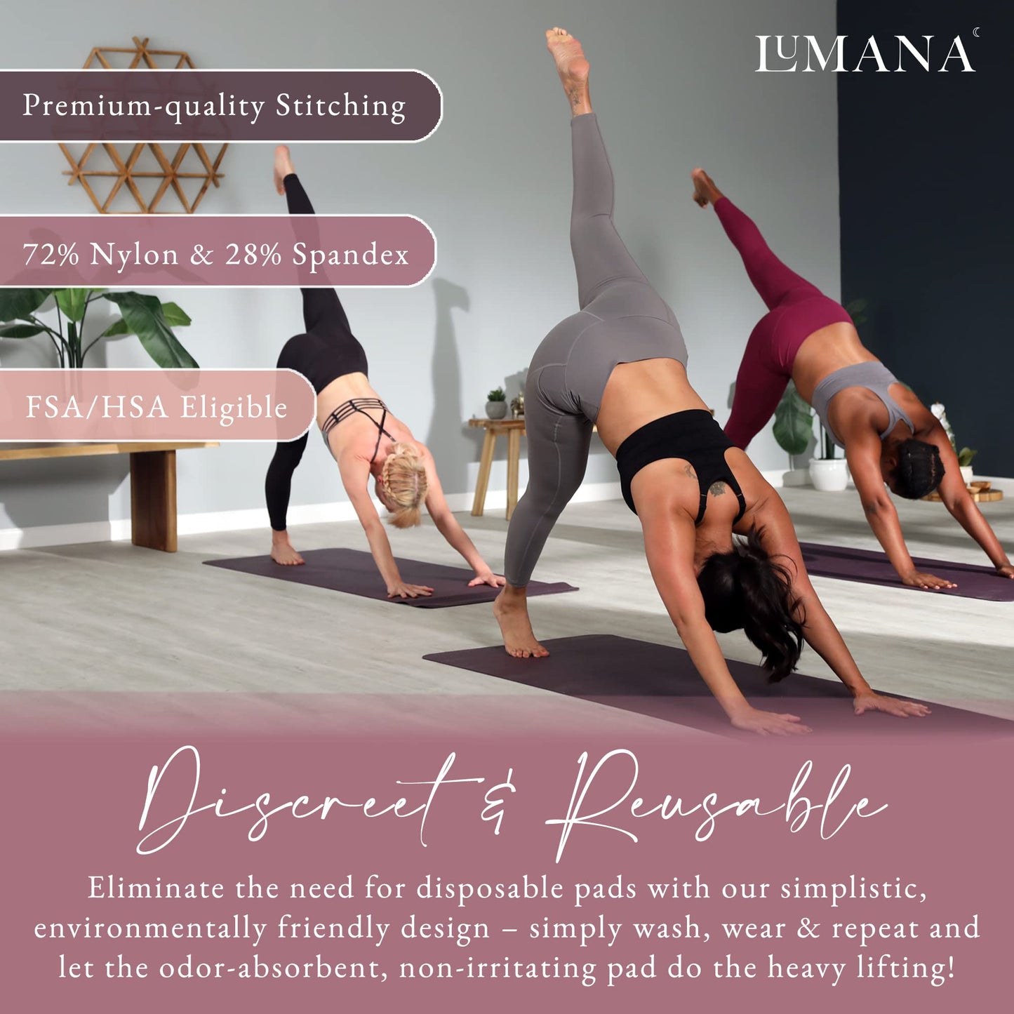 LUMANA Leakproof Womens Leggings: Bladder Control Athletic Bottoms - Leggings with Pockets Designed with Built-in Bladder Leakage Pads for Women, 22" Inseam (Plum, 3X)