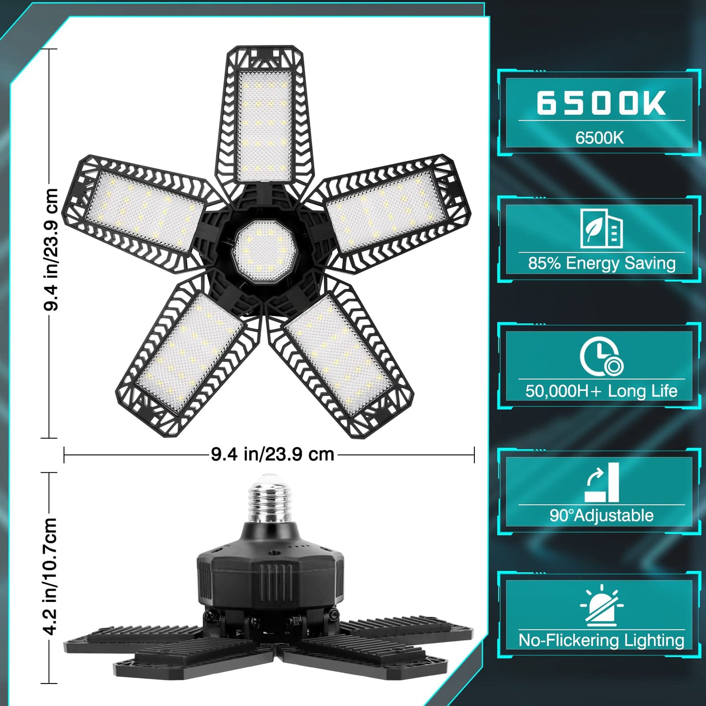 YIBEYYDS LED Garage Light - 160W 16000LM 6500K LED Garage Ceiling Lights, Screw in Shop Lighting 5+1 Deformable Panels for Attic, Basement, Workshop, E26/E27 (6)