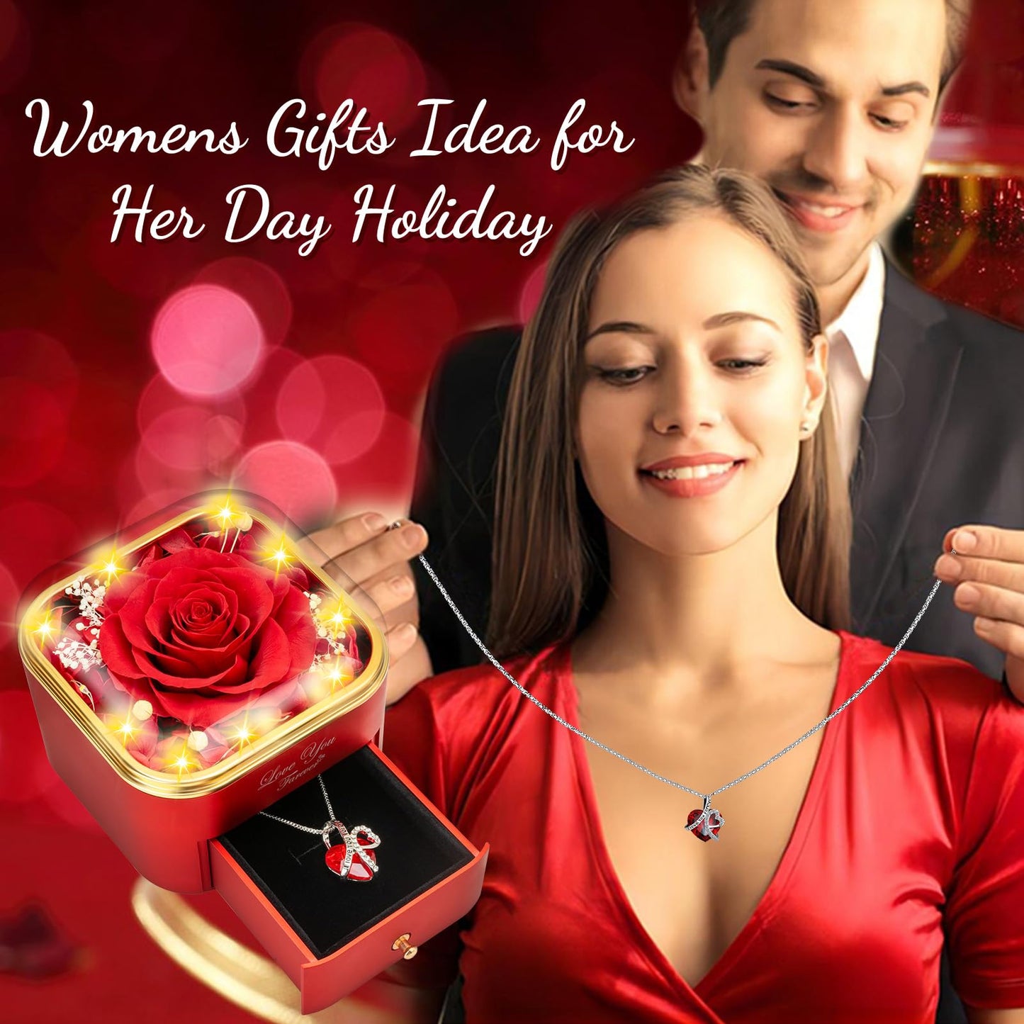 Lebana Preserved Red Real Rose with Heart Necklace for Mom Her Women Wife Girlfriend Grandma Gifts Idea on Christmas Valentines Mothers Day Christmas Anniversary Romantic-Red