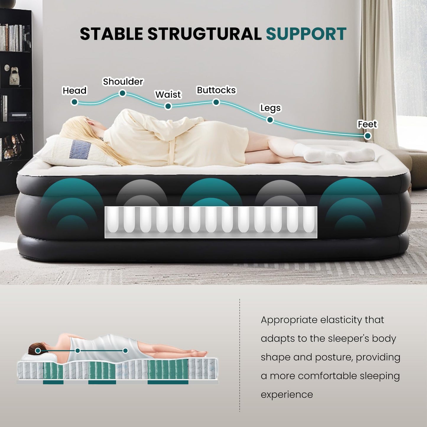 KMFurnila Queen Size Air Mattress with Built-in Pump, Inflatable Blow Up Mattress 18" Raised for Home, Camping & Guest, Portable Mattress 660 lbs Weight Capacity, Double Height & Non-Slip Bottom