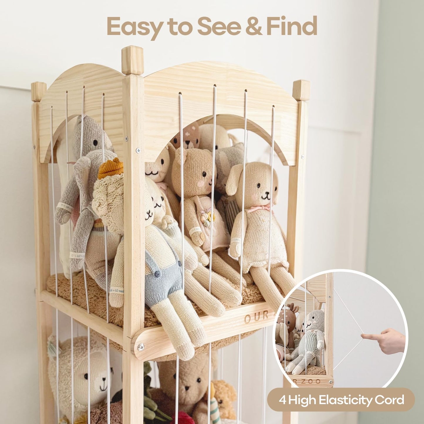 Fodoss Stuffed Animal Storage, Wooden Toy Storage Organizer with Arched Base, Detachable Bars & Lockable Wheels, 16.5" D x 16.5" W x 51.6" H