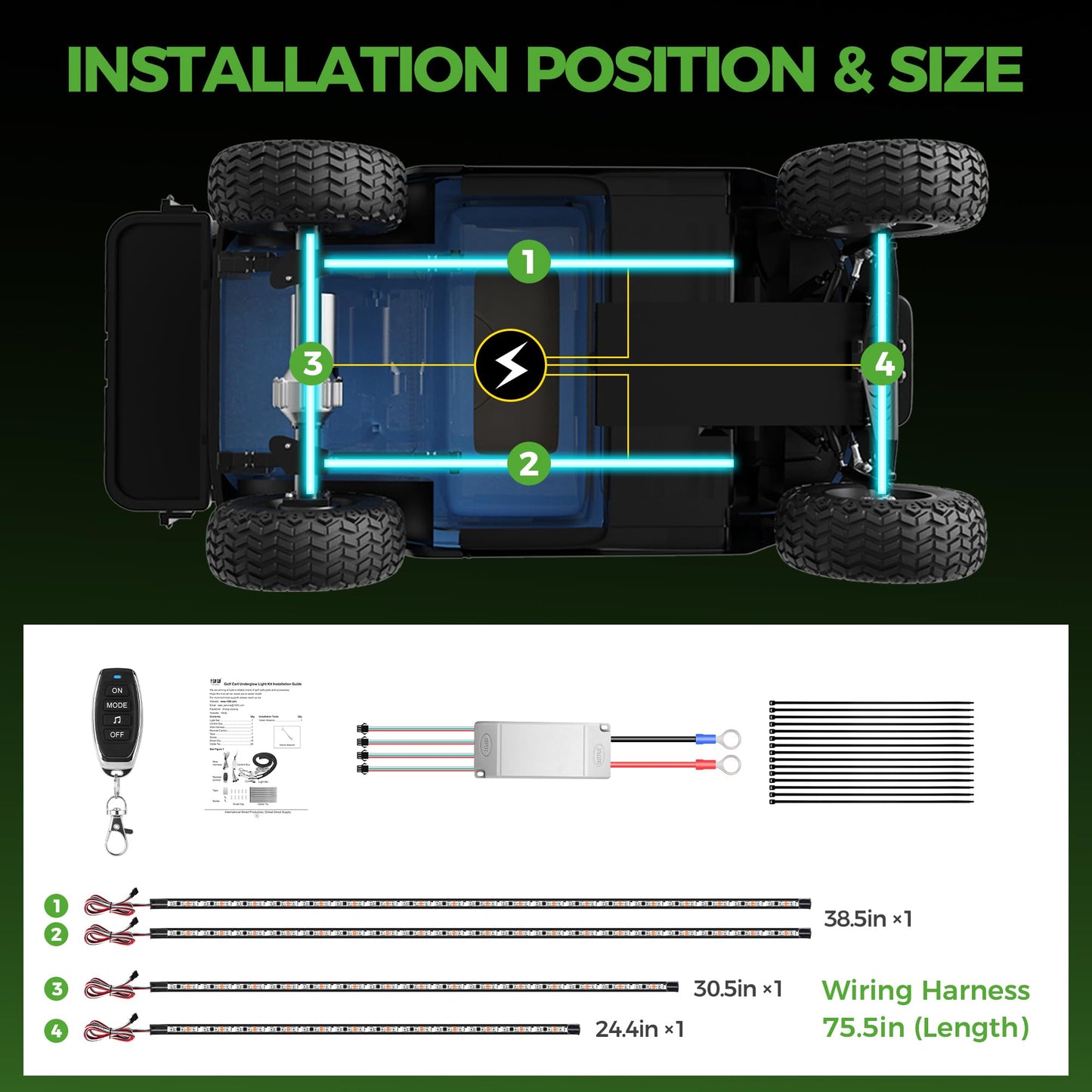 10L0L 4PCS Golf Cart Underglow LED Light Strip Kit, 22 Modes Glow Neon Underbody Lighting with Wireless Remote Control Music Sync IP67 12V-80V Input for Yamaha EZGO Club Car