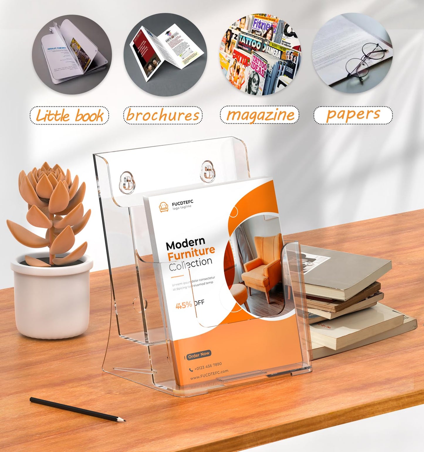 FUCDTEFC 2 Pack Acrylic Brochure Holder 8.5x11 & 4 x9 Inches, Clear 2 Tier Literature Magazine Stand Brochure Display Stand w Removable Divider Universal, Flyer Holder for Wall Mount or Countertop