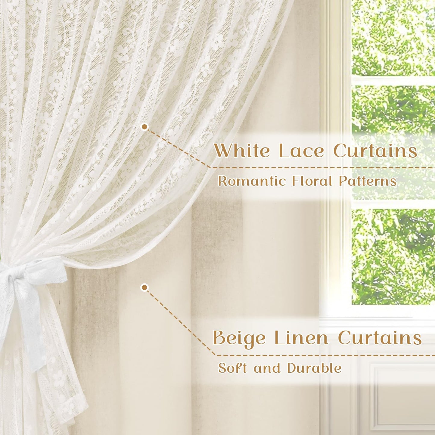 ASPMIZ Linen Curtains for Bedroom, Double Layered Boho Curtain for Living Room Farmhouse Curtain 84 Inch Length 2 Panels Set, Rustic Curtains & Drapes Rod Pocket with Tiebacks, 52 x 84 Inch, Beige