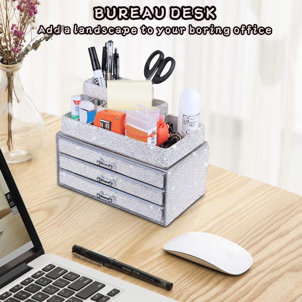 KEYPOWER Makeup Organizers Drawer Bling Diamond,Countertop Jewelry Cosmetic Storage Display Boxes,Makeup Brush Holder,2 Pieces Set(Purely Handmade)(White)