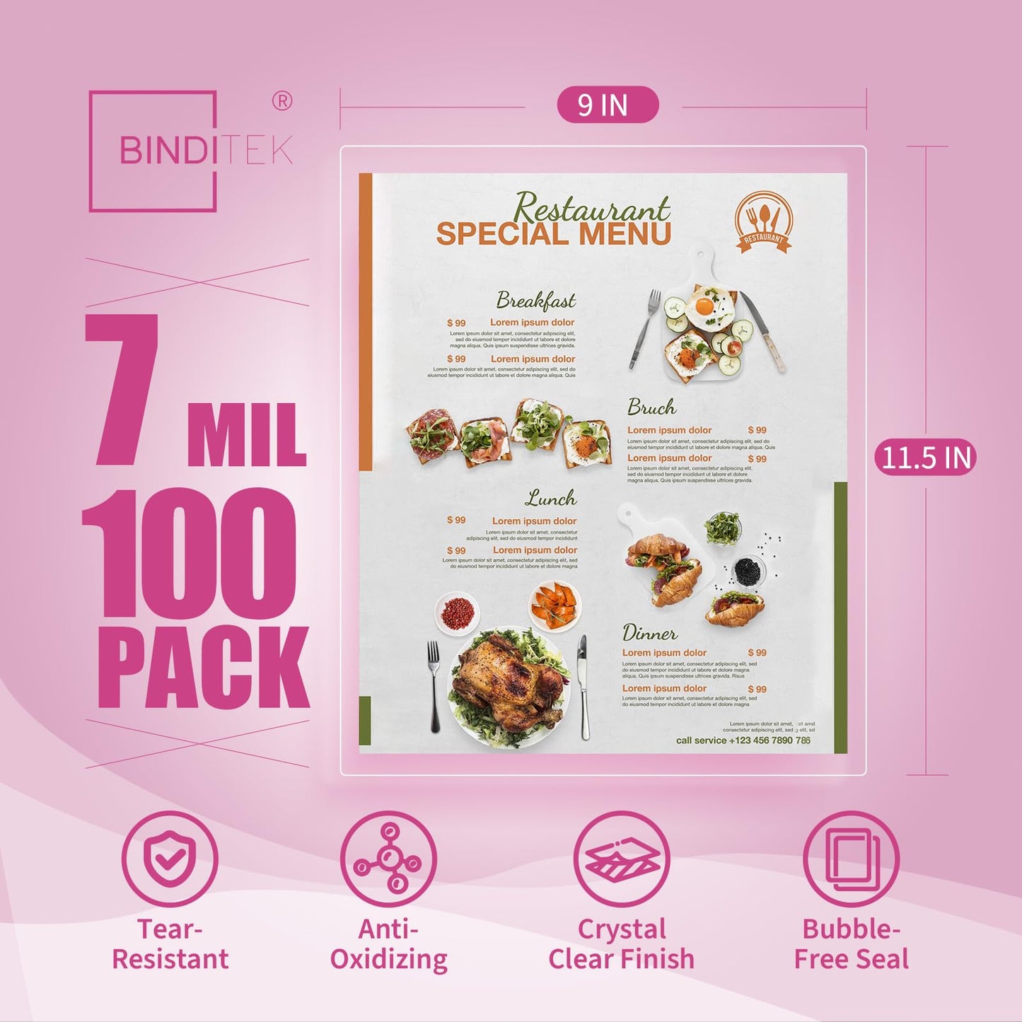 Binditek 100 Pack 7 Mil Thermal Laminating Pouches, 9x11.5 Inches Laminating Sheets, for Letter Size, Ultra Clear, Glossy, Hold 8.5x11 Inches, Heat Seal, School Office Supplies