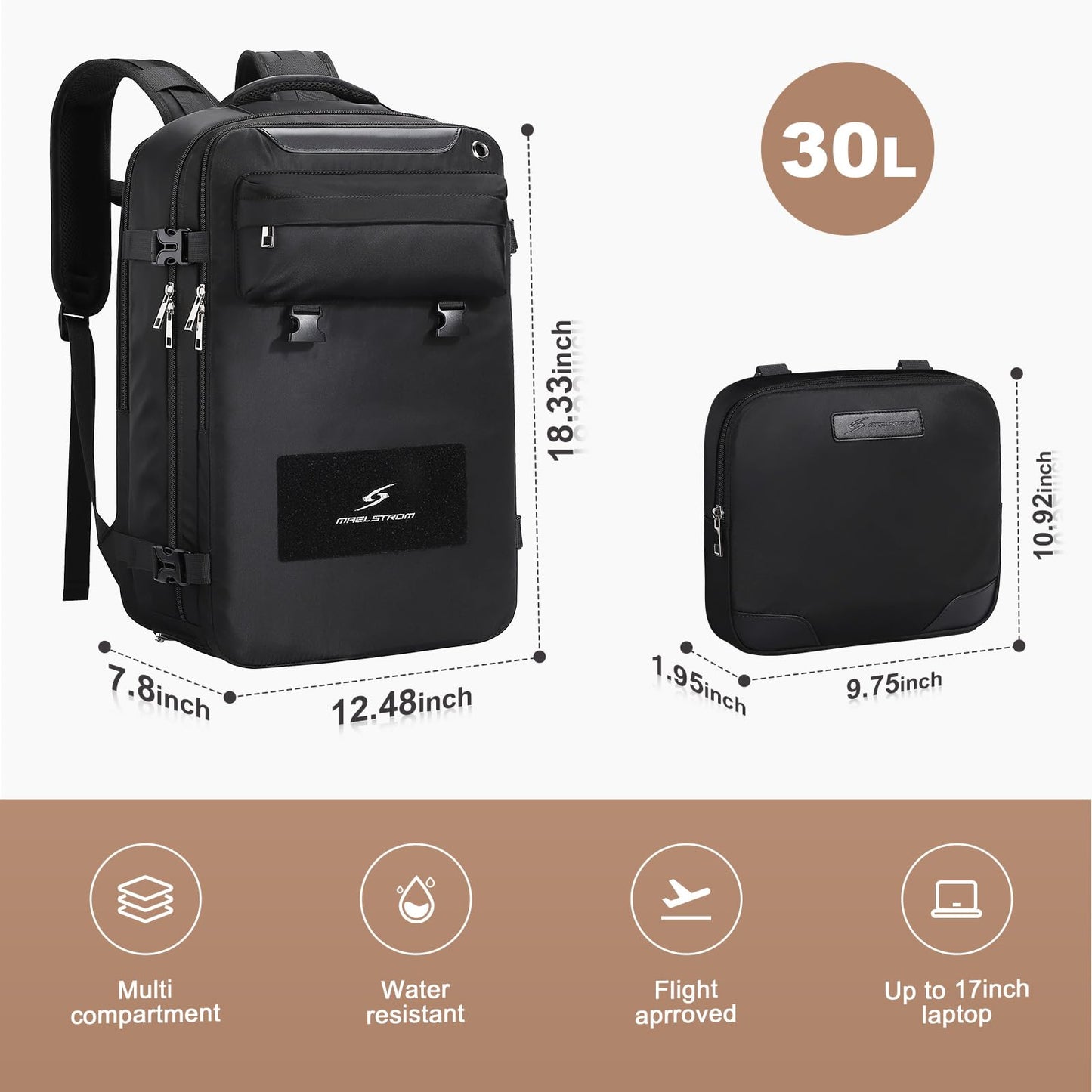 Maelstrom Travel Backpack for Women Men,30L Waterproof Laptop Backpack Fits 17-Inch Laptop, Gift for School Work Backpack with Detachable Crossbody Bag & Shoe Compartment (Black, Large-Upgrade)