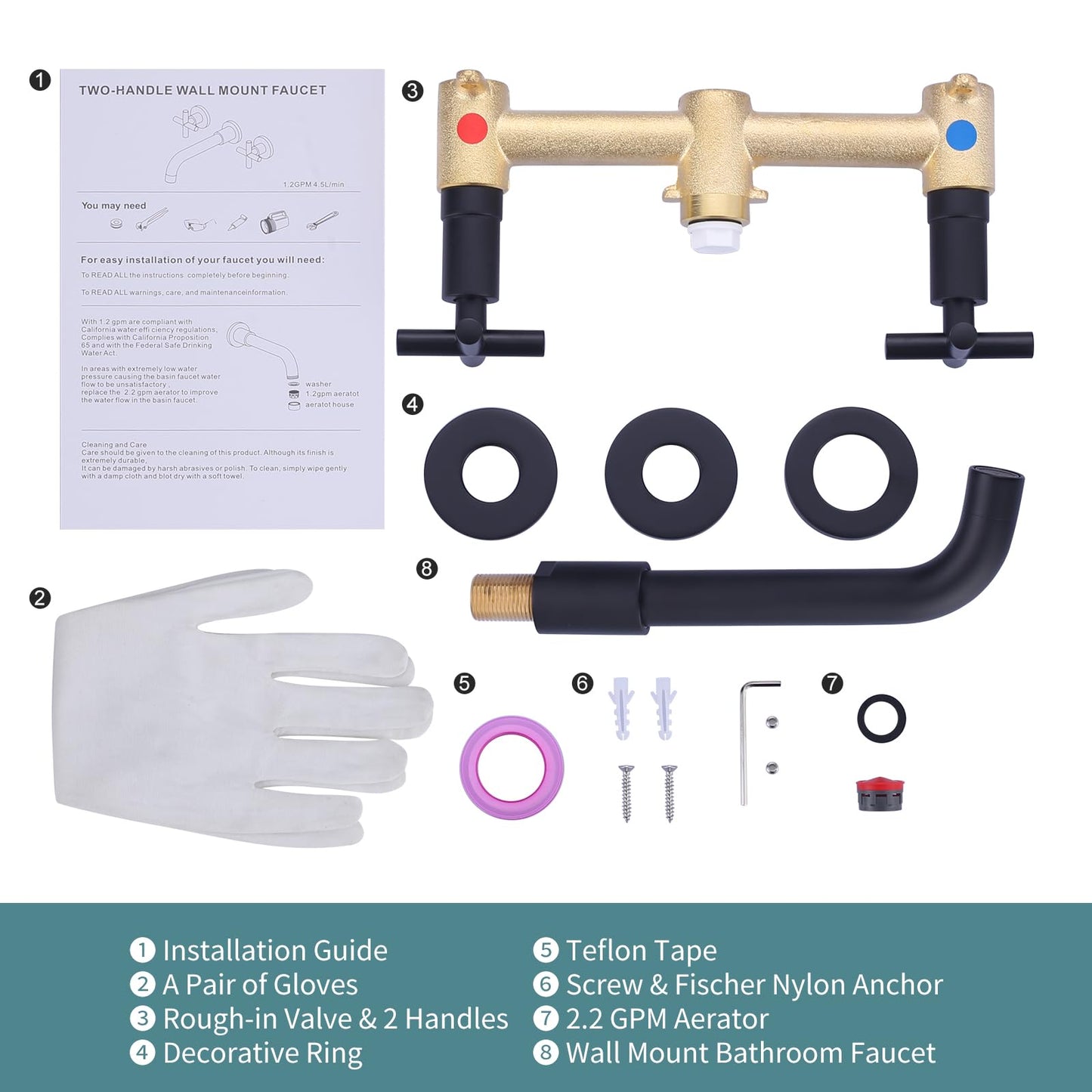Matte Black Bathroom Faucet, ARCORA 2 Handle Wall Mount Bathroom Faucet and Rough-in Valve Included, Vessel Sink Faucet Wall Mounted