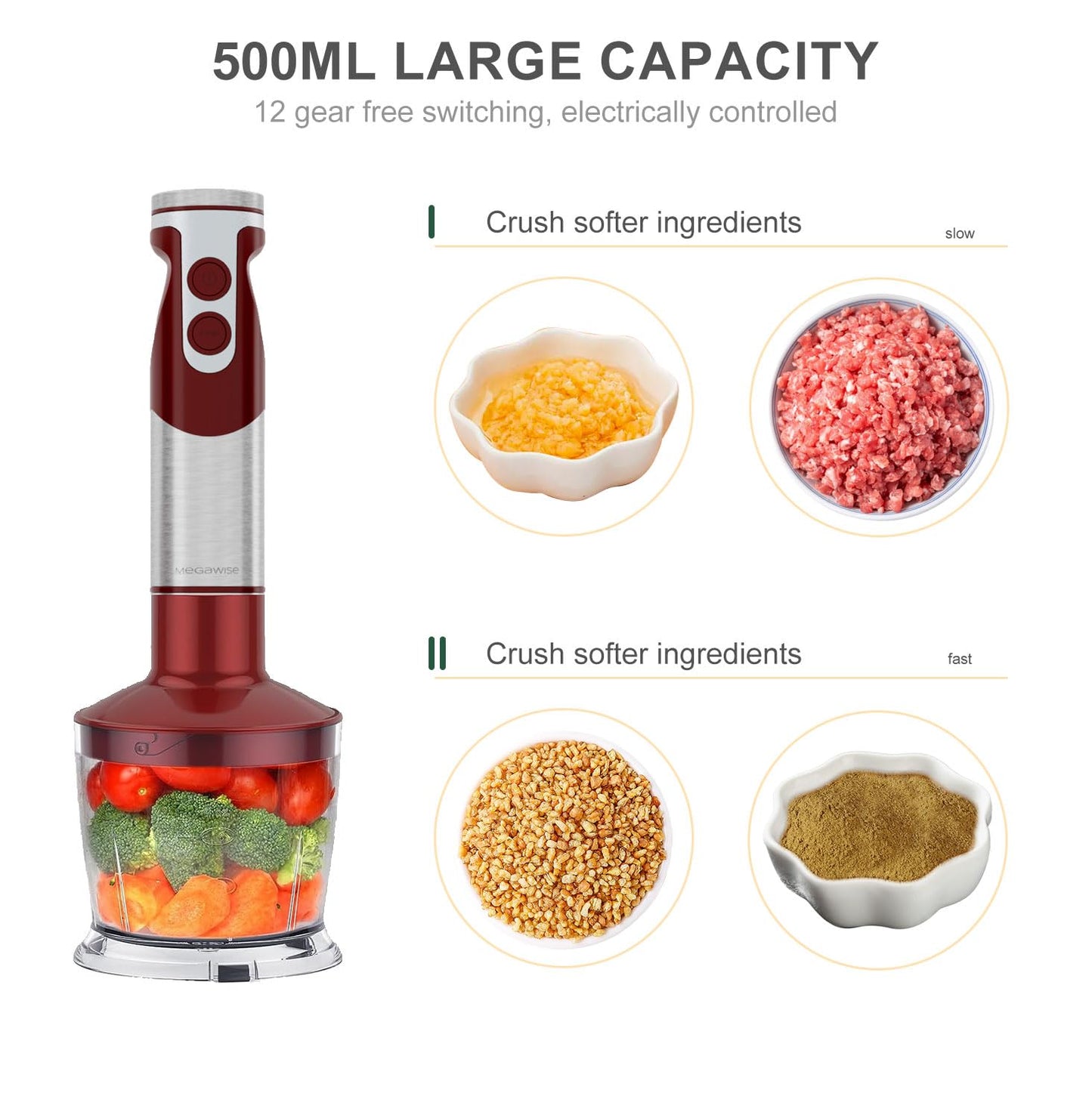 MegaWise 5-in-1 Immersion Hand Blender Set with Variable Speed, 400W, Stainless Steel - Includes Chopper, Whisk, Milk Frother, and Beaker - Ideal for Soups, Smoothies, Baby Food & More (RED)