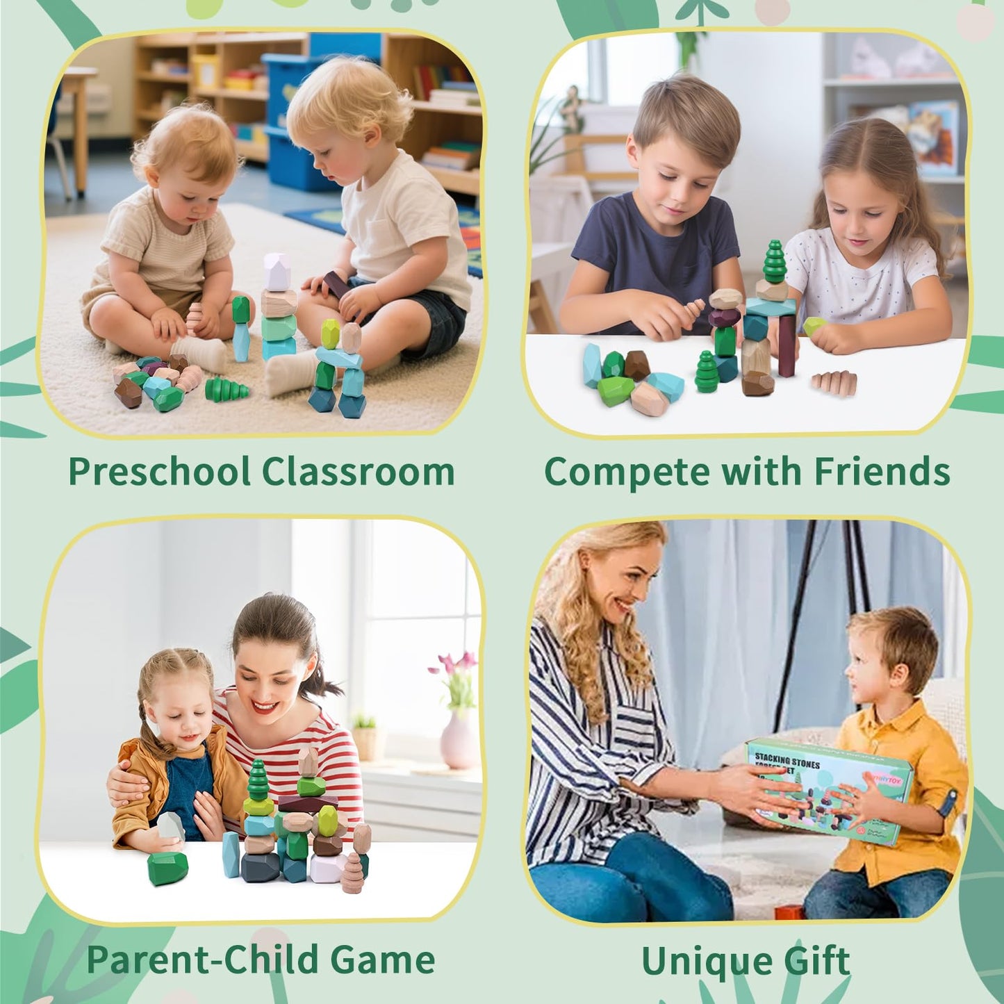 YHHYTOY - 40 Pieces Wooden Stacking Building Blocks Woodland Themed Sensory Learning Montessori Toys for 3 4 5 Year Old Boys Educational Preschool STEM Toys for Kids