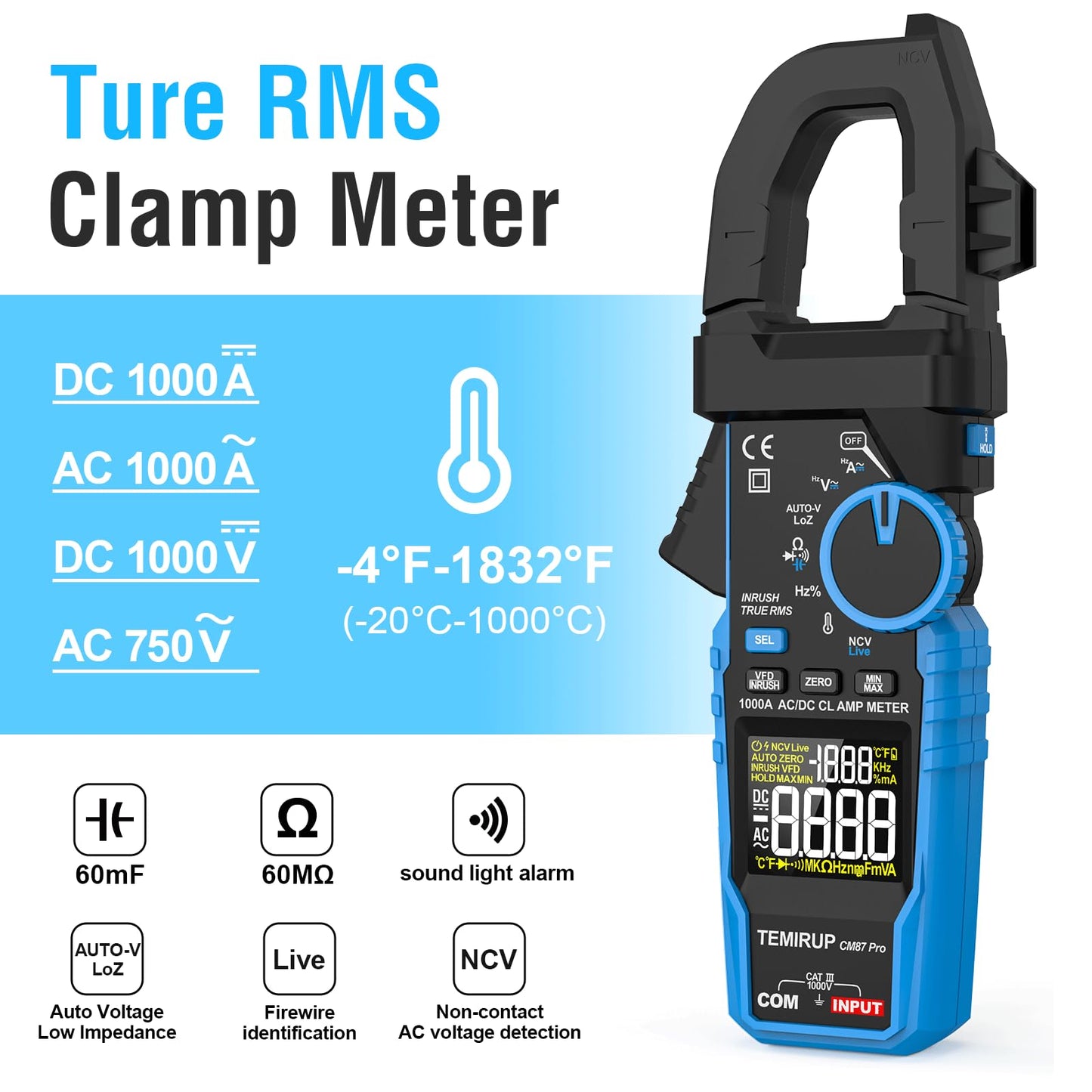 Inrush Digital Clamp Meter Multimeter - TEMIRUP T-RMS 6000 Counts 1000A Amp Voltage Tester with VFD, LOZ, Measures NCV, AC/DC Voltage Current, Continuity Capacitance Frequency Resistance, Temperature