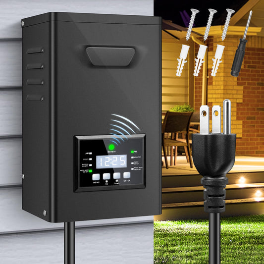600W Low Voltage Landscape Transformer, Landscape Lighting Transformer with Timer and photocell Sensor, 120V AC to 12V/15V AC Outdoor Weatherproof Low Voltage Transformers for Landscape Lighting