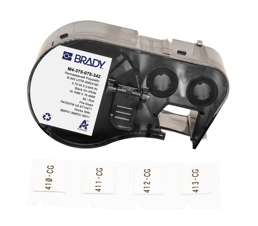 Brady Authentic (M4-375-075-342) PermaSleeve® Heat-Shrink Labels Polyolefin 0.645"H x 0.75"W Black on White 0.375"Dia, Cartridge of 80 Labels. For use with the BMP41, BMP51, and M511 label printers