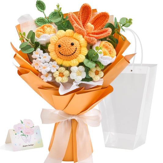 Faylifeway Crochet Flower Bouquet, Handmade Knitted Flowers,Orange Crochet Sunflower Bouquet for Lover Birthday, Anniversary, Wedding, Homecoming Gifts(Include Card)