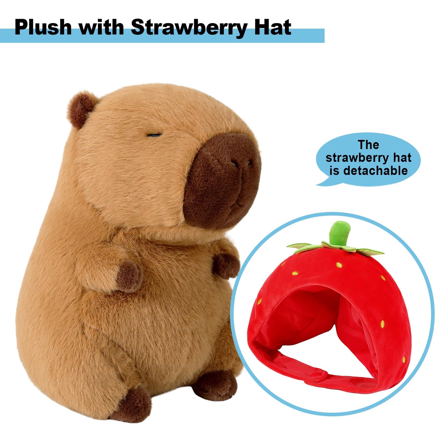 Ditucu Cute Capybara Plush Wear Strawberry Hat Soft Capibara Stuffed Animal Plushies Toys Hugging Gifts for Kids Brown 13 inch