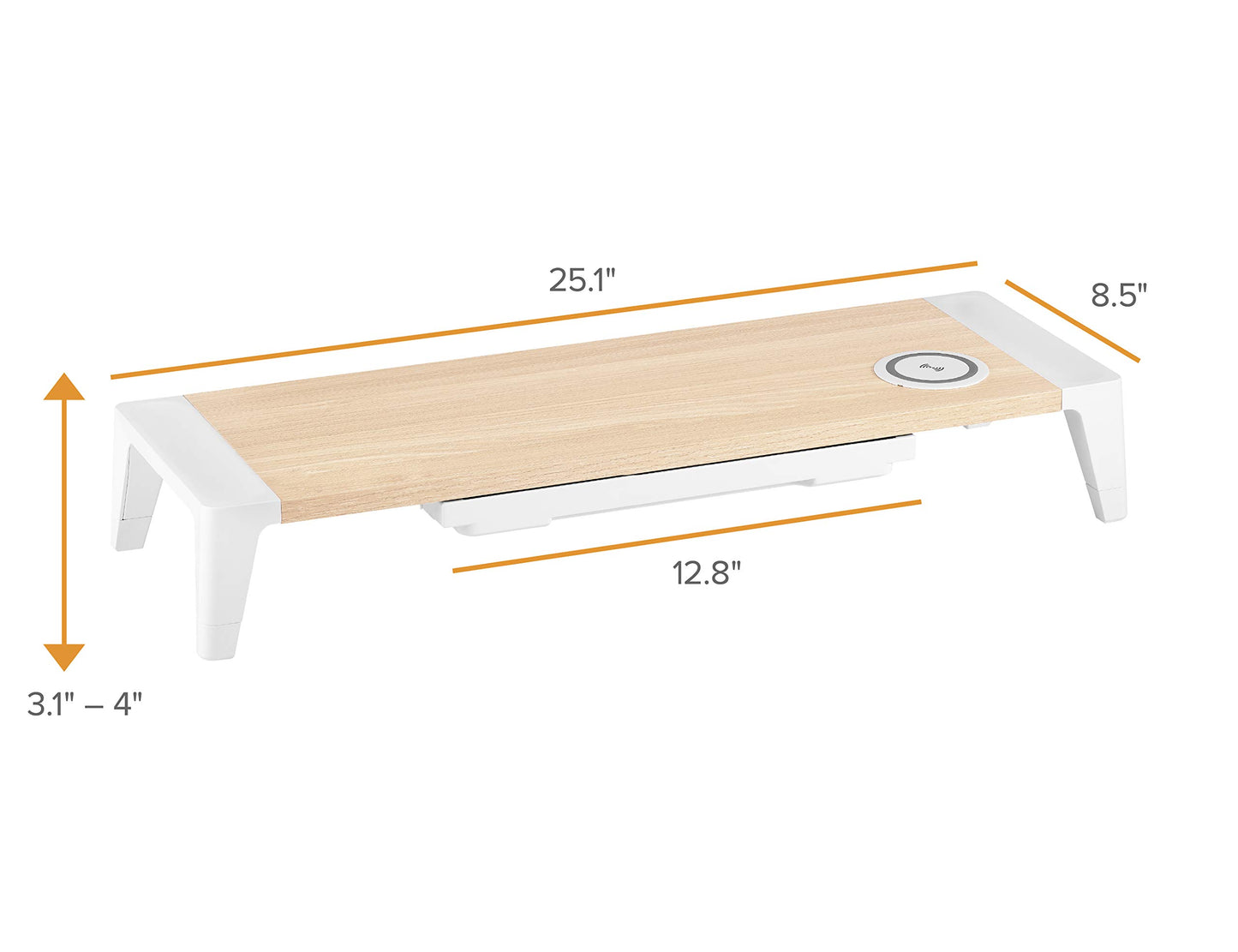 Bostitch Office Wooden Monitor Stand with Wireless Charging Pad, Drawer for Storage, Adjustable Height Riser Includes Removable Non-Skid Rubber Feet - Wood Grain and White (STND-2408WH)