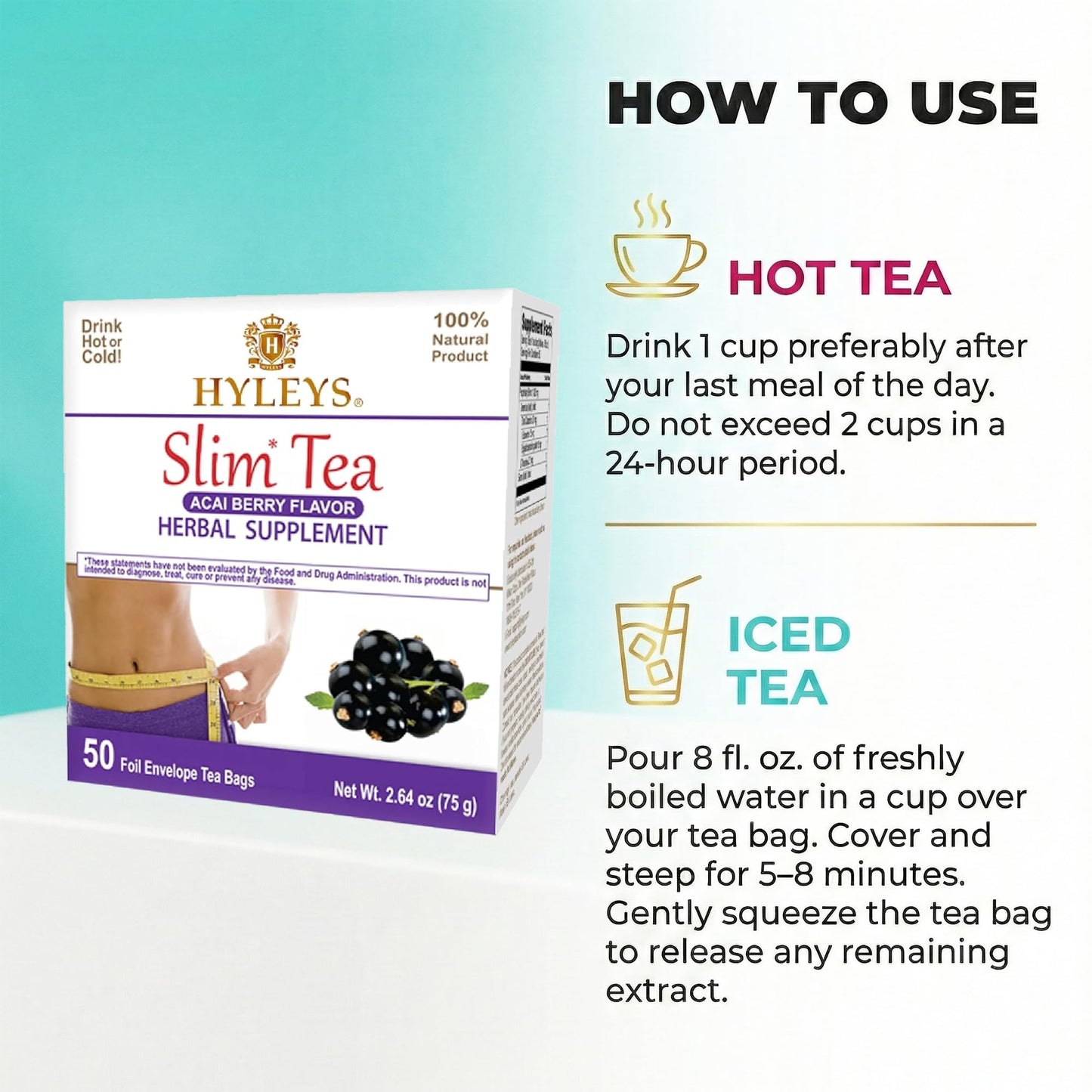 Hyleys Slim Tea Acai Berry 50 Ct - Weight Loss Herbal Supplement Cleanse and Detox - 50 Tea Bags (6 Pack)
