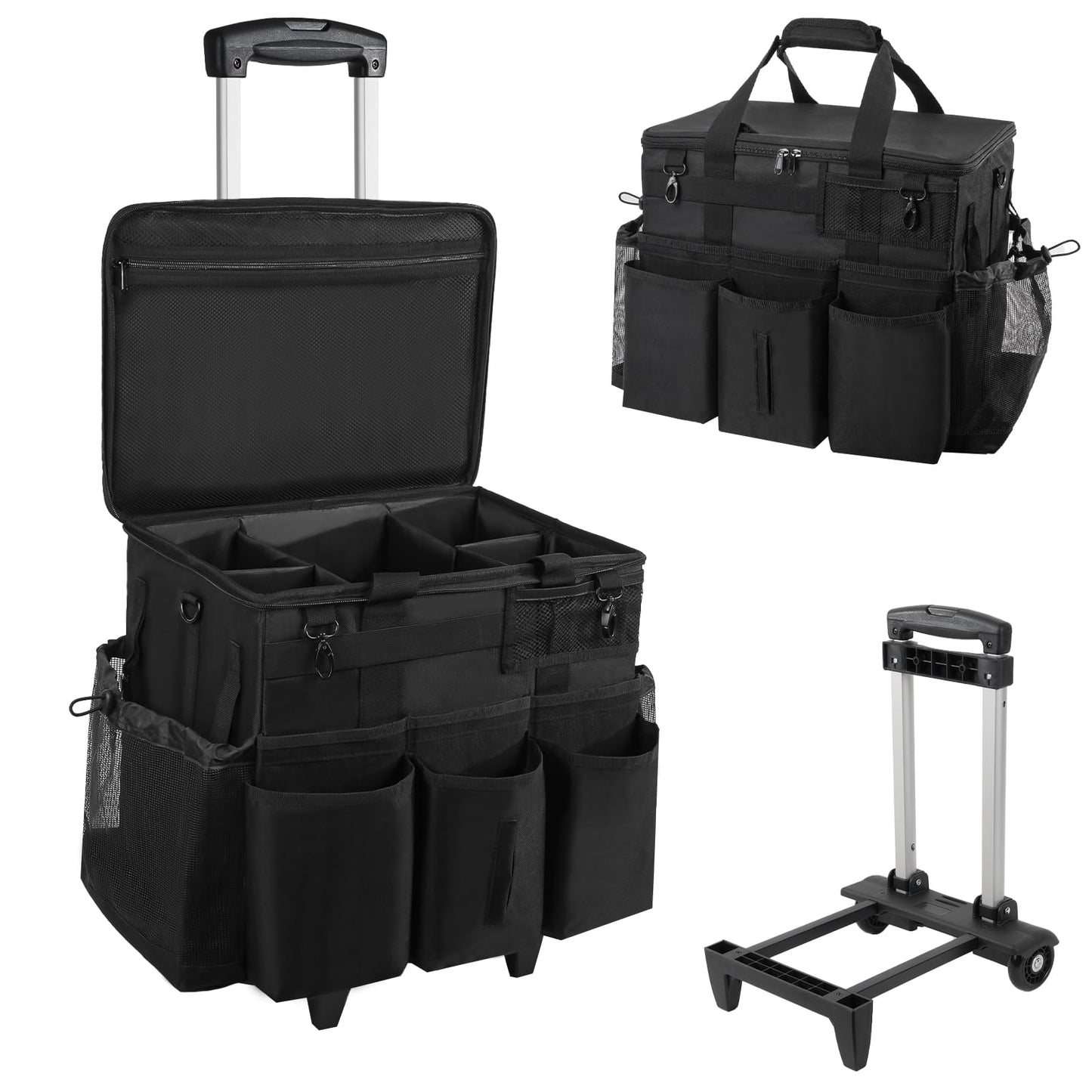 SCAVATA Rolling Cleaning Caddy Bag with Detachable Trolley, Large Cleaning Supplies Organizer with Wheels, Multi Pocket Cleaning Cart with Adjustable Shoulder Strap for Housekeepers & Home Use, Black