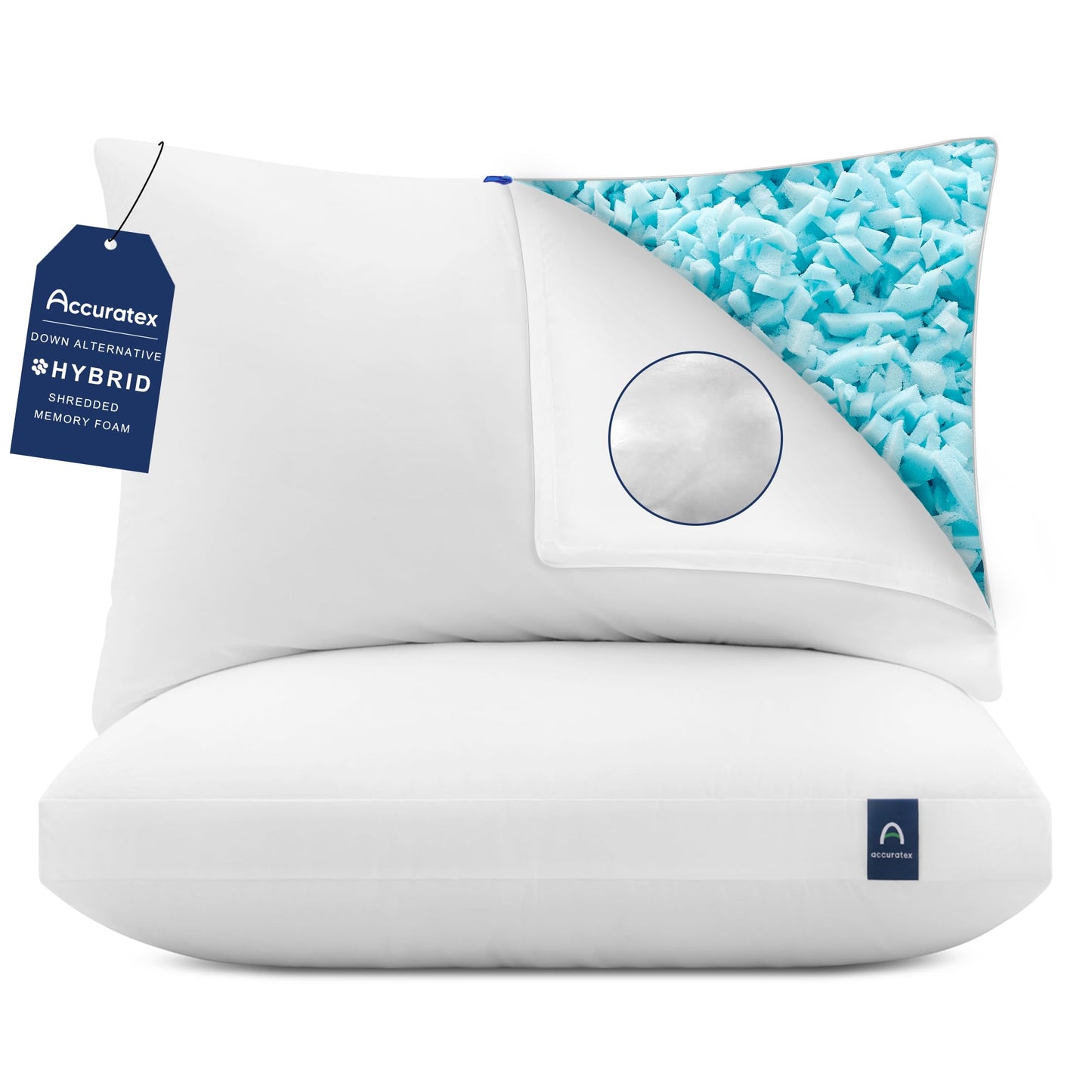 ACCURATEX Hybrid Pillow for Sleeping, Adjustable Shredded Memory Foam Pillow Core with Fluffy Down Alternative Fill Removable Cotton Cover,for Side,Back,Stomach Sleepers,King Size, 1 Pack