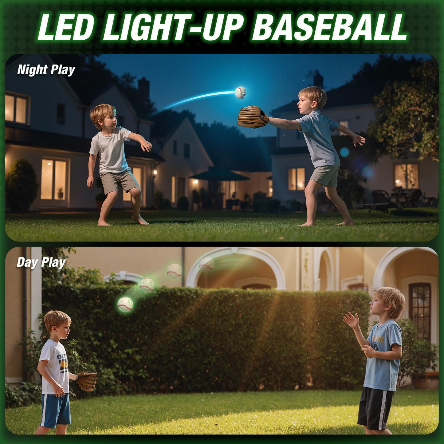 HYES Kids Baseball Glove with Light Up Baseball/LED Rechargeable, 9 Lighting Modes Official Size Leather Weighted Glow Baseballs for Day Night, Sport Toys Games Gifts for Youth Boys