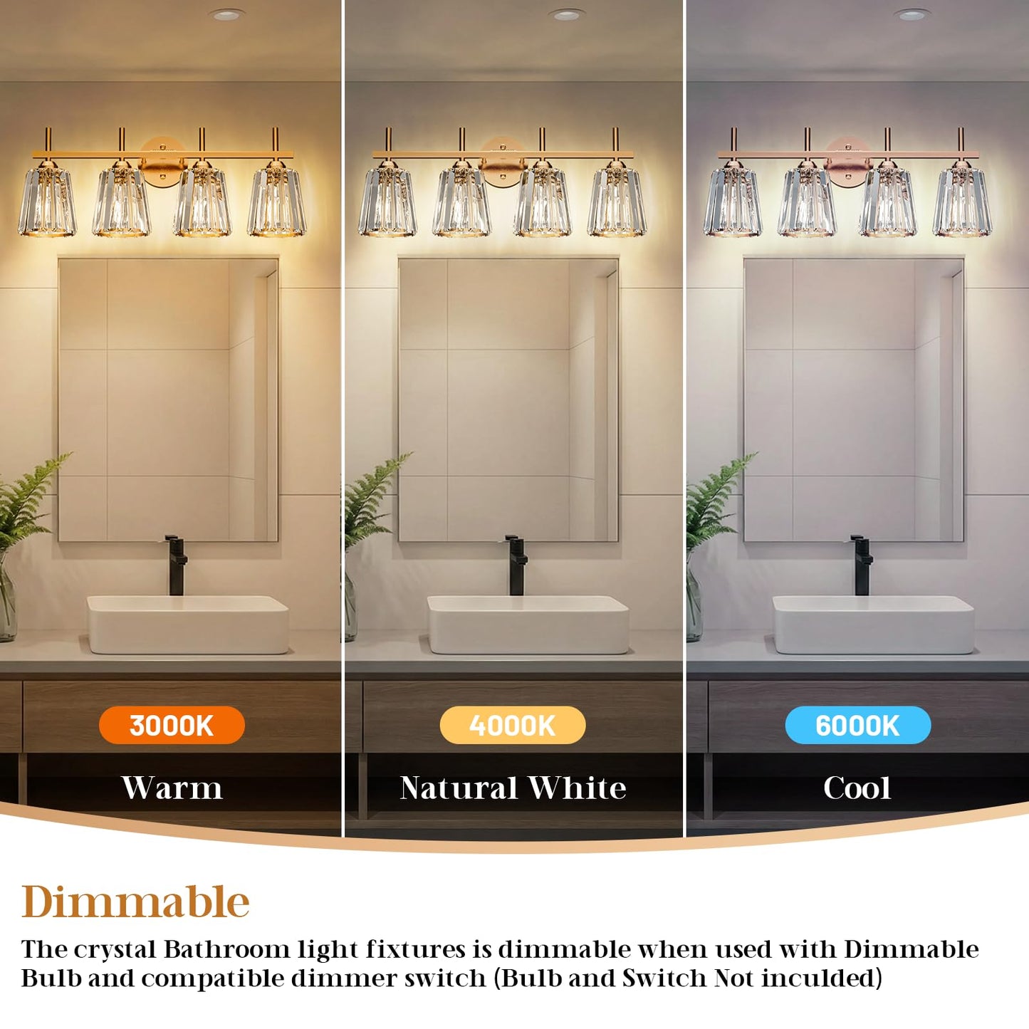 KernLite Crystal Bathroom Light Fixtures Over Mirror, Gold 4-Light Bathroom Vanity Lights Over Mirror Modern Wall Lighting Sconces with Ceramic E26 Base (Bulbs Not Include)