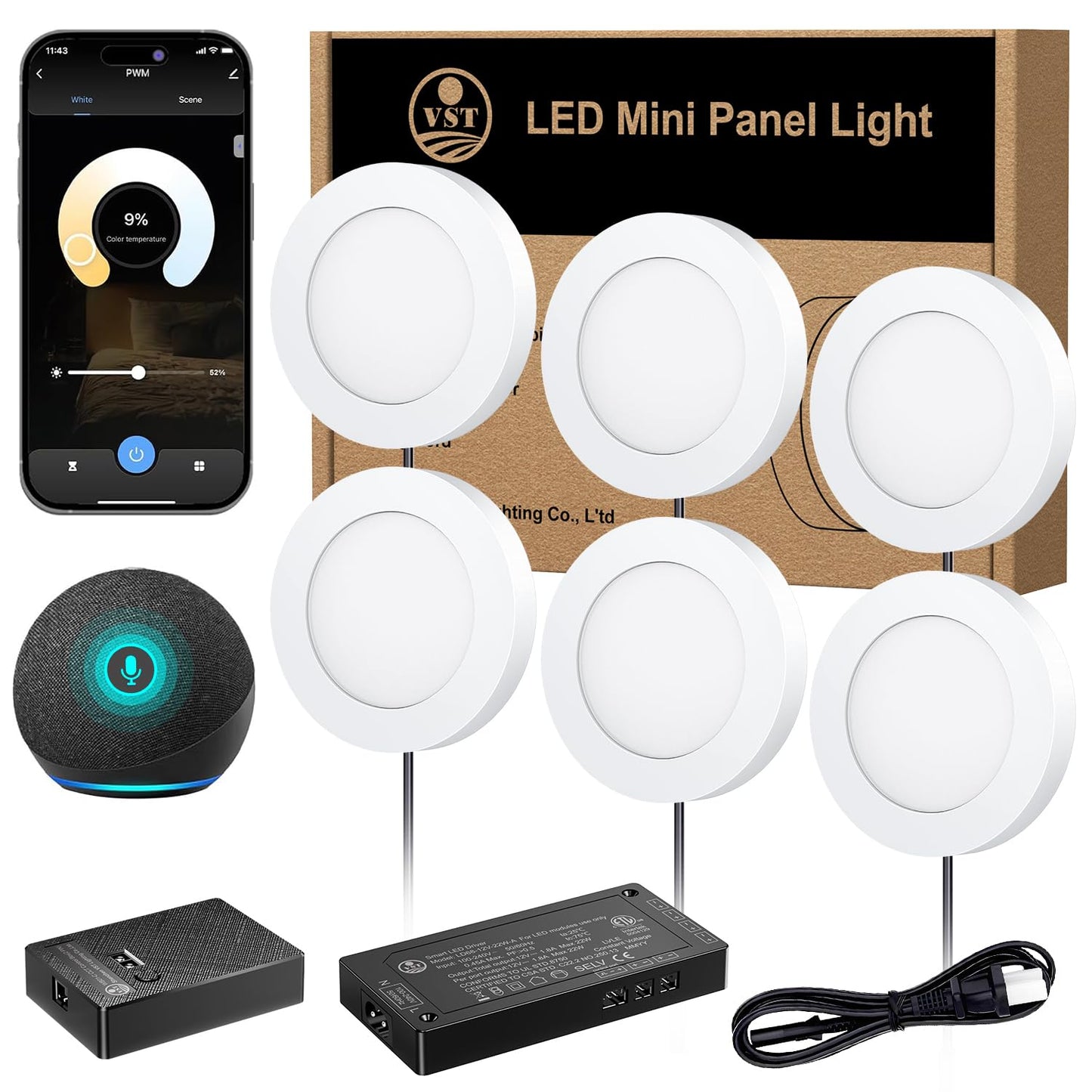 VST Smart Under Cabinet Lighting Work with Alexa Google Home Assistant App Remote Control, Recessed or Surface Mount 12V 2W/pc Puck Light for Kitchen Under Counter, Display Case, 6 Pack 3000K~6000K.