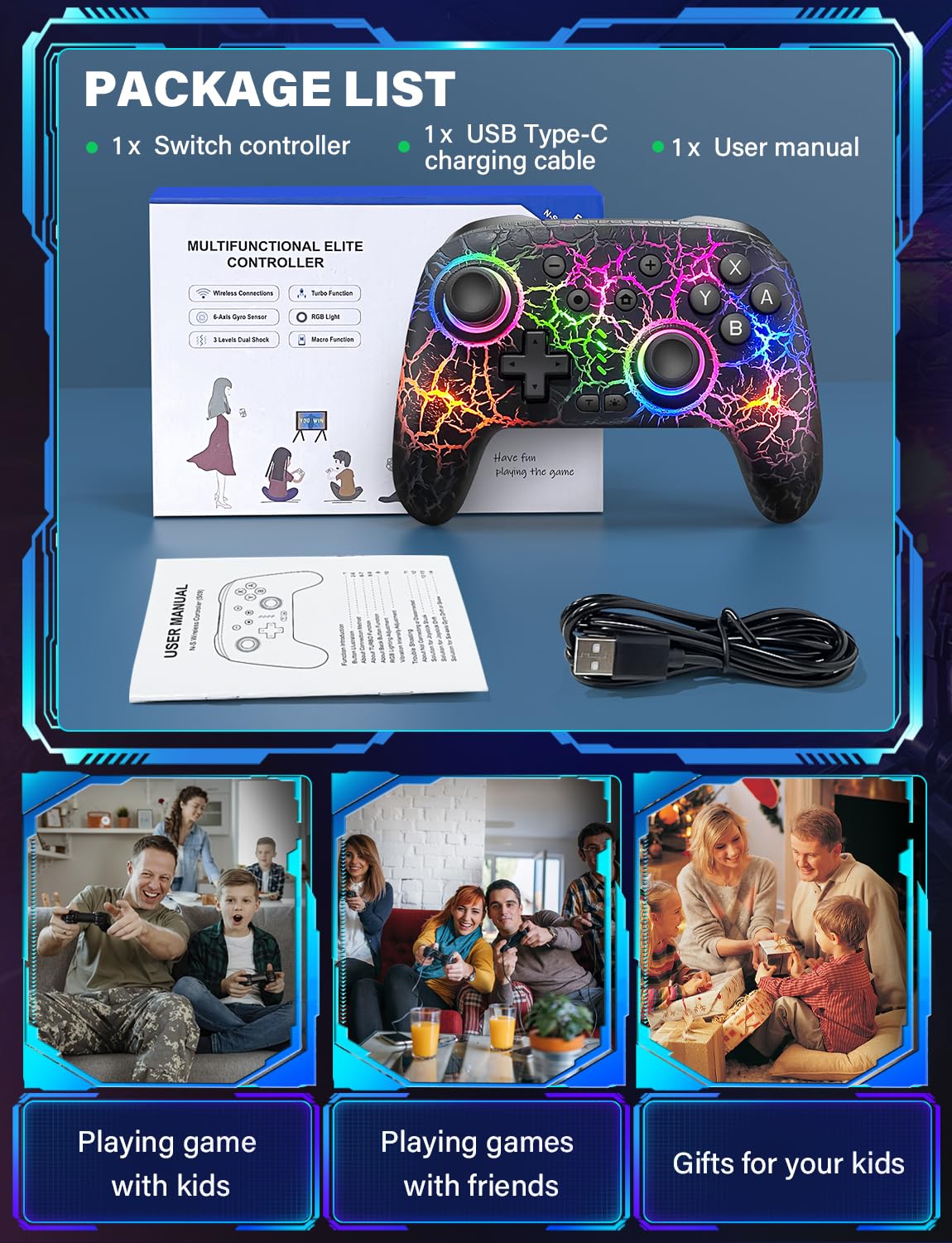 ZRZLMVP Switch Pro Controller Wireless Control - Compatible with Nitendo Switch/OLED/Lite, 1000mAh Rechargeable Switch Controllers with 9 Colors LED, Wake Up, Turbo, Vibration