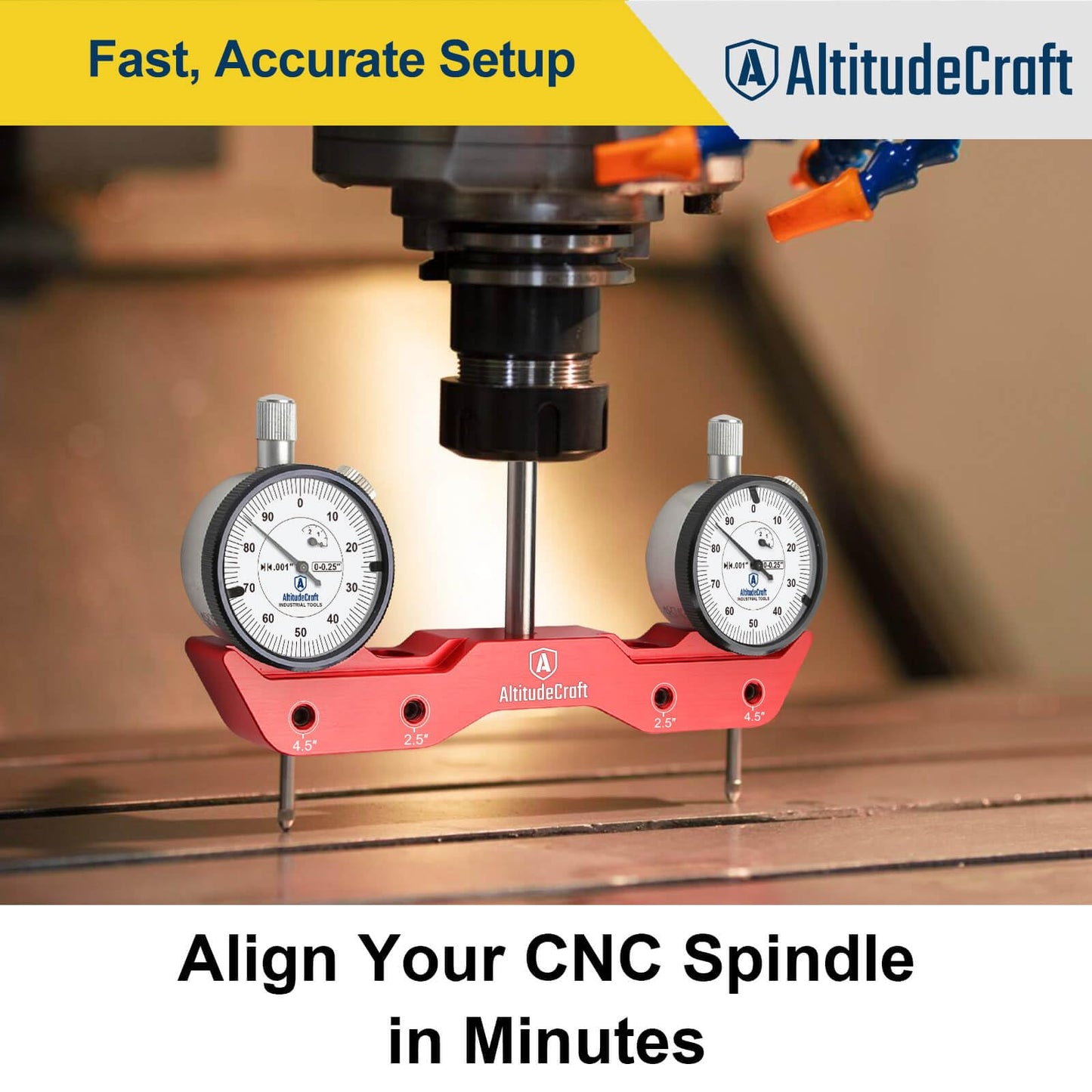 AltitudeCraft Precise Mill and Lathe Tramming System Tool, Machine Calibration for CNC Router and Mini Mill, 0.001” Dual Dial Indicators, 1/4" Shank