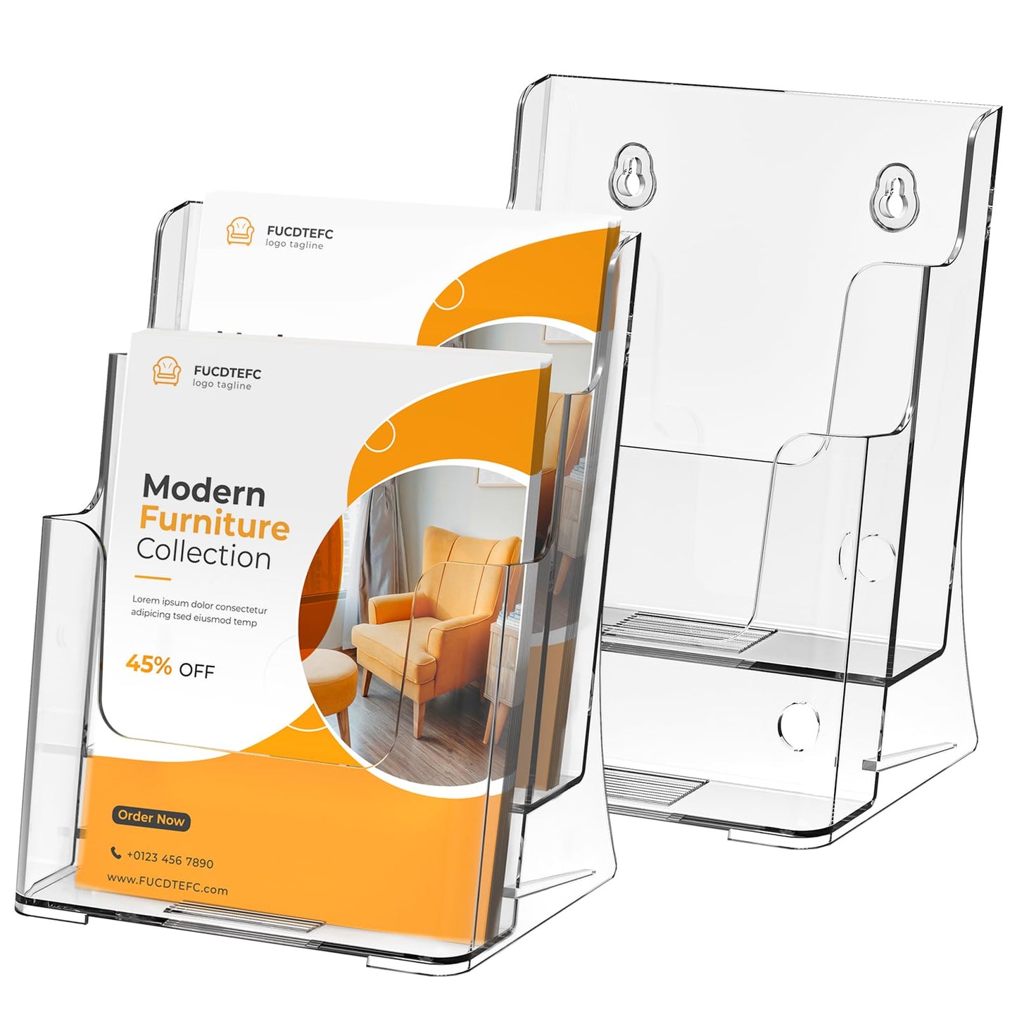 FUCDTEFC 2 Pack Acrylic Brochure Holder 8.5x11 & 4 x9 Inches, Clear 2 Tier Literature Magazine Stand Brochure Display Stand w Removable Divider Universal, Flyer Holder for Wall Mount or Countertop