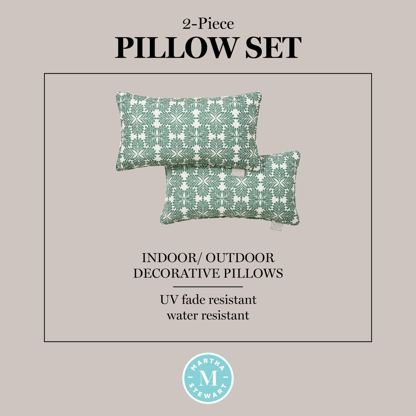 Martha Stewart Tulum Indoor Outdoor Decorative Lumbar Pillow 2-Pack Set, UV Fade Resistant, Water Repellent, Printed Modern Design, Green, 11"x18"