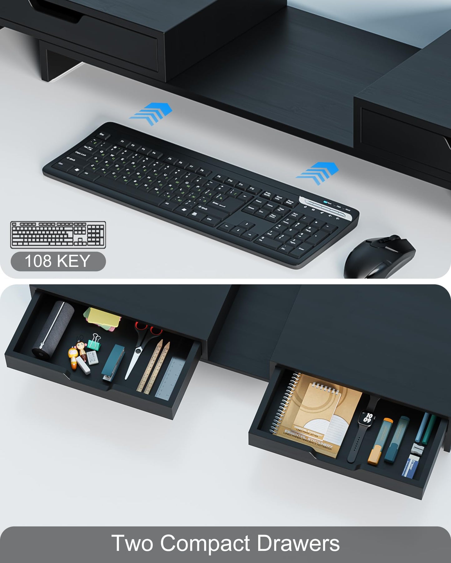 Epesoware Dual Monitor Riser with Two Drawers for Desk, Bamboo Monitor Stand Riser with Storage, Desk Shelf for Computer, IMac & Laptop, No Assembly Required, Black