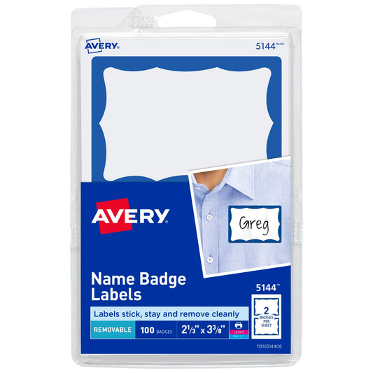 Avery Name Tags, White with Blue Border, Packs of 100 per Pack, 18 Packs, 1,800 Removable Name Badges Total (05144)