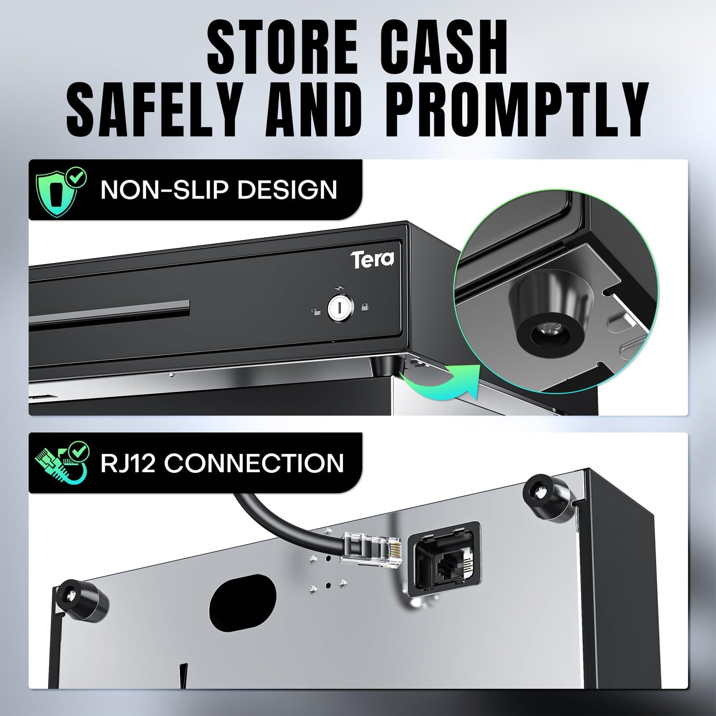 Tera 13 inch Auto Open Cash Register Drawer with 6 Keys Heavy Duty 4 Bill 8 Coin Removable Cash Tray Media Slot 24V RJ12 Key-Lock Round Corner for POS System Small Businesses Retail 330E