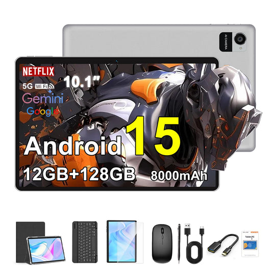 Crelander 10.1 Inch Android 15 Tablet, 12GB+128GB Android Tablet, 8000mAh Battery, 1280x800 Touchscreen, 5G WiFi/Bluetooth, Bundle with Case, Keyboard, Mouse & Stylus (Gray)