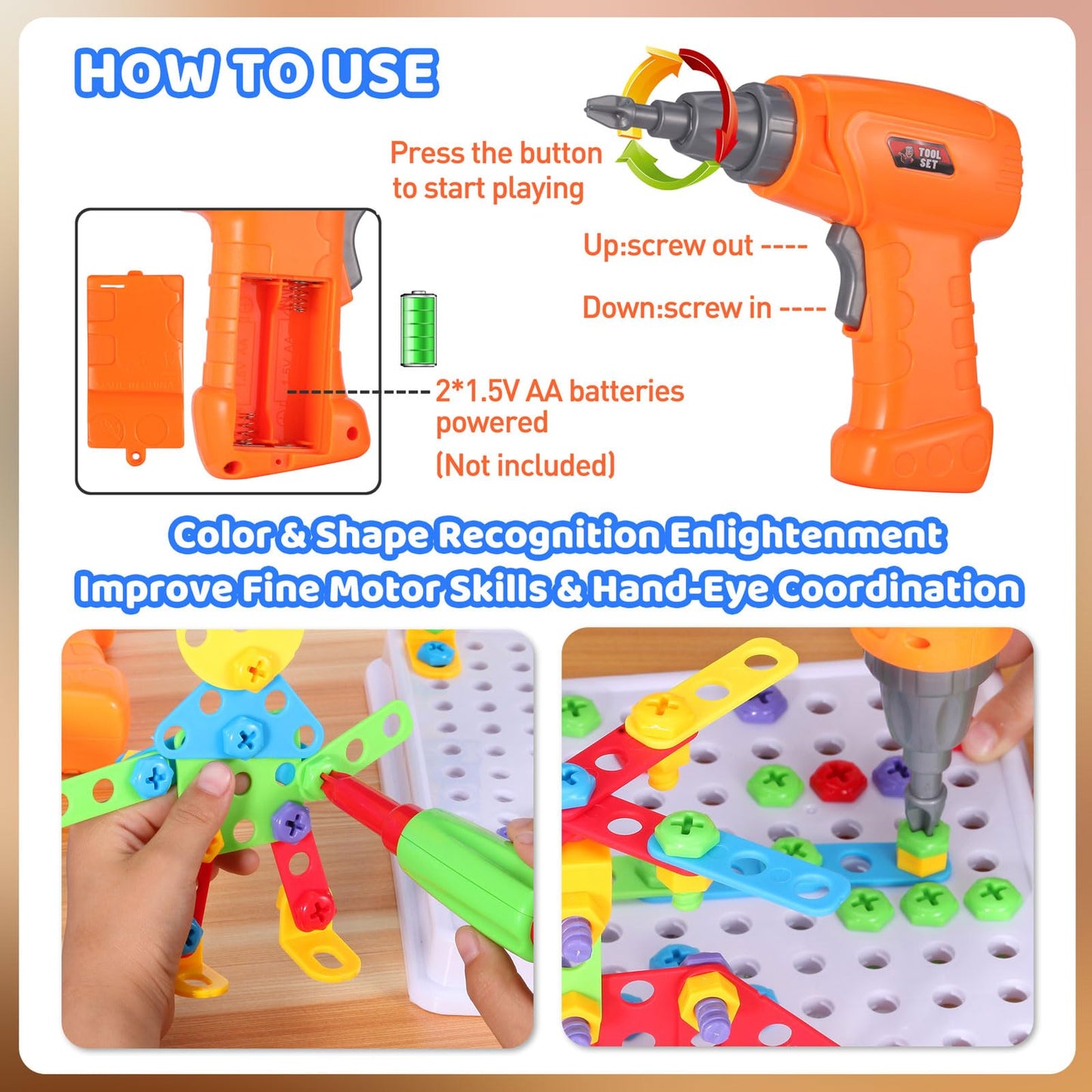 224 Piece STEM Building Set for Kids, Mosaic Drill Set Creative Puzzle Toy for Boys and Girls 4 5 6 7 8 Years Old, Design Drill Game Puzzle Block for Preschool Children Gift