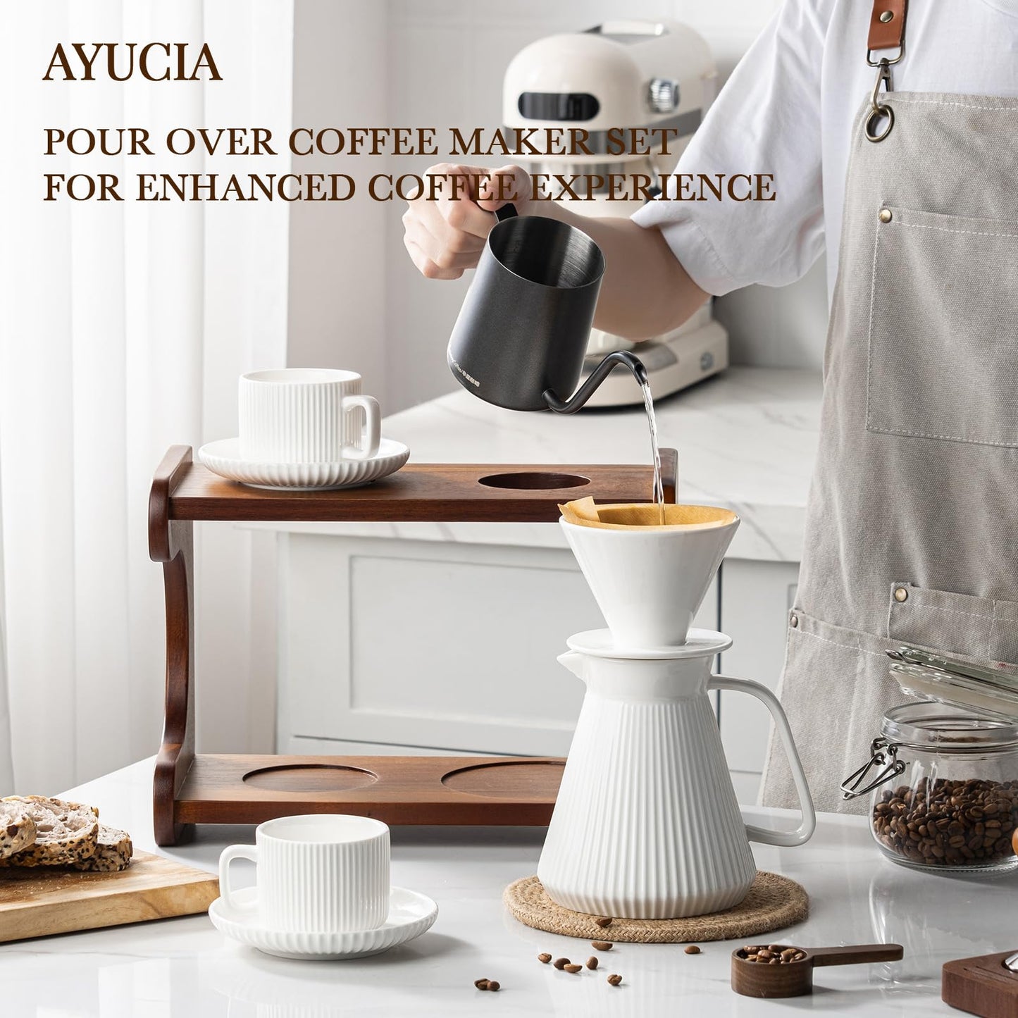 AYUCIA Pour Over Coffee Maker Set, 22OZ Ceramic Pour Over Coffee Dripper with Acacia Wood Stand and 5OZ Cups and Saucers Set of 2, Size 02