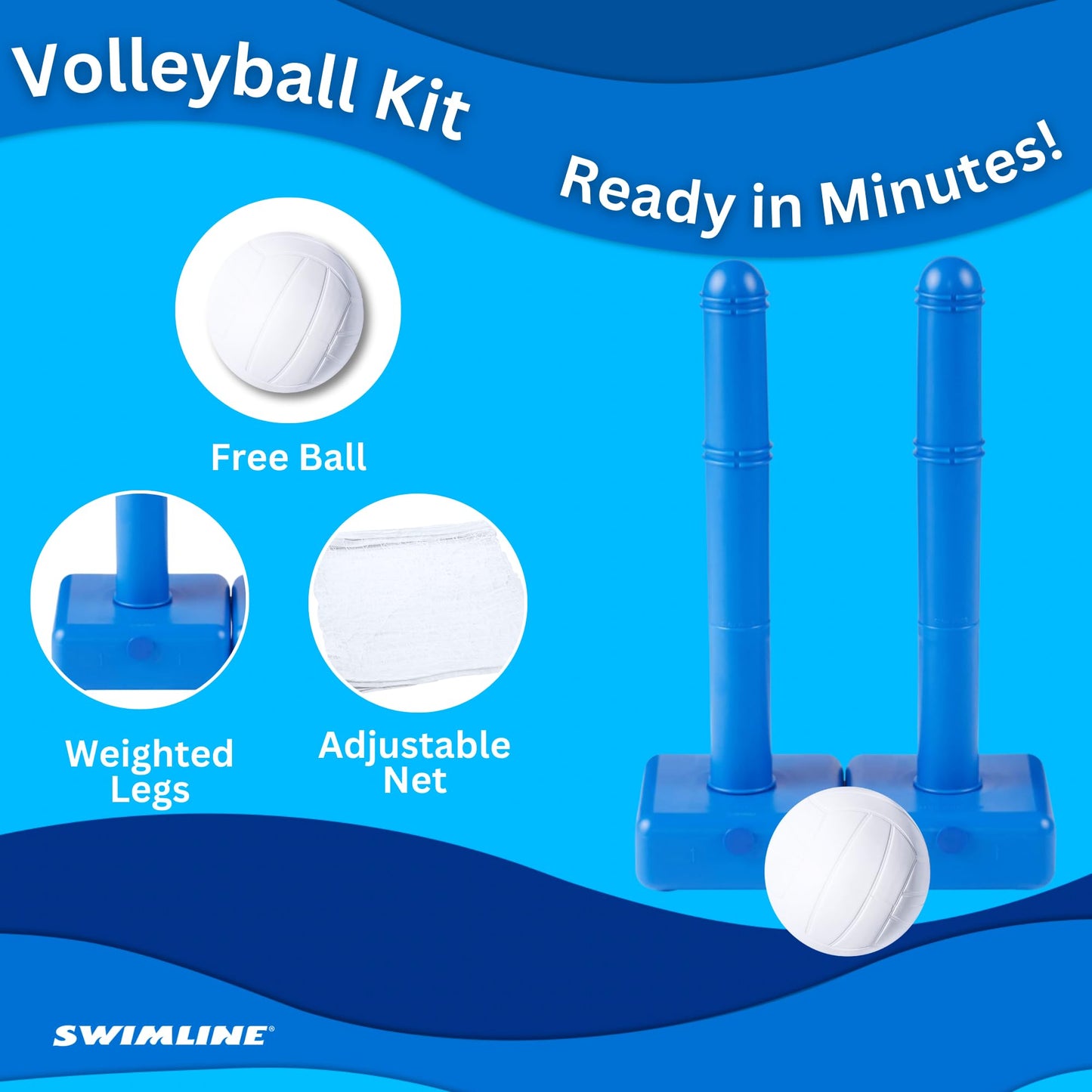 SWIMLINE ORIGINAL Pool Volleyball Net Games Set With Ball Adjustable Up To 20 Feet Wide | For Kids & Adults | 2 Blue Water-Fill Bases | Easy Assembly Compatible W/ Outdoor & Indoor Inground Pools