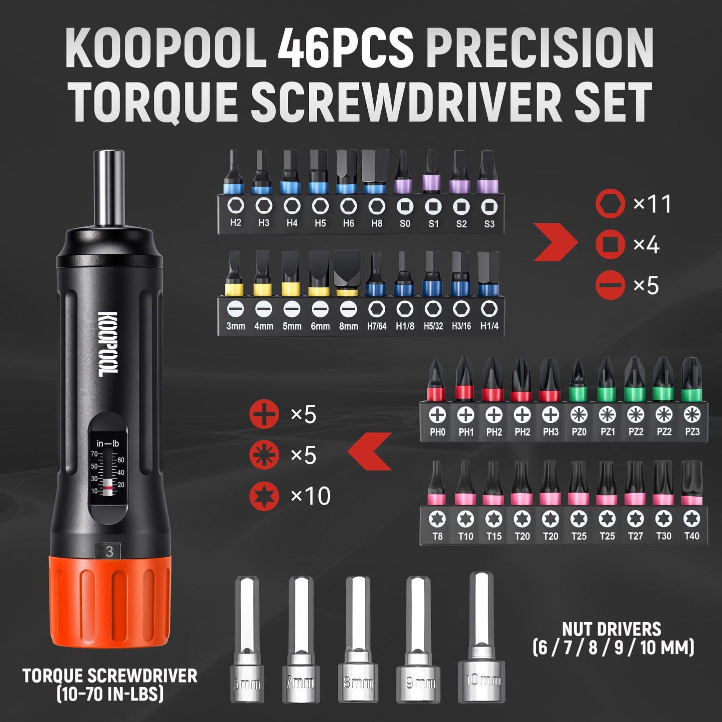 46-Piece Torque Screwdriver Set, 1/4 Inch Drive, 10–70 Inch-Pounds, for Gunsmiths, Scope Mounting,Electronics & Bikes, Includes 40 S2 Bits & 5 CR-V Nut Drivers (Standard Orange)