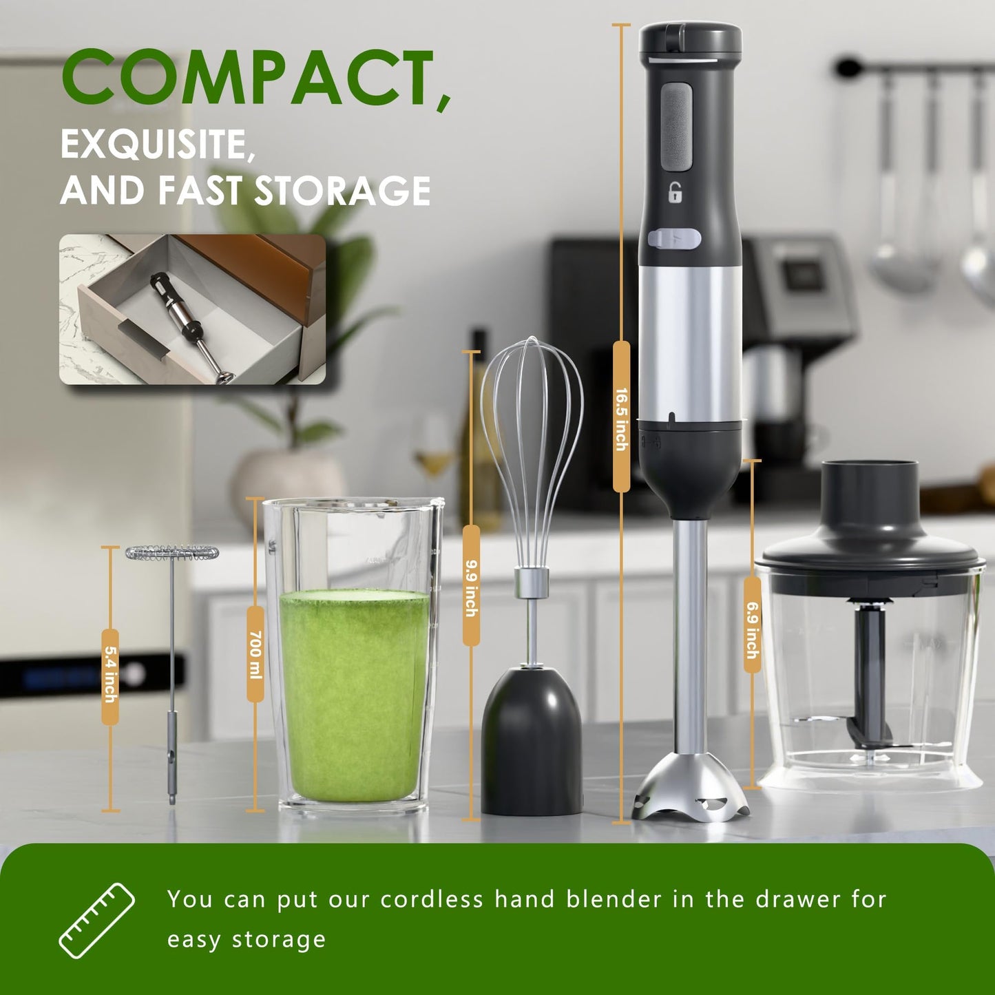 WHUTO Cordless Immersion Hand Blender, 5-in-1 Variable Speed blender handheld,Rechargeable with 2000mAh Battery, BPA-Free & Dishwasher-Safe Accessories:700ml Beaker,Chopper,Whisk & Milk Frother,Black