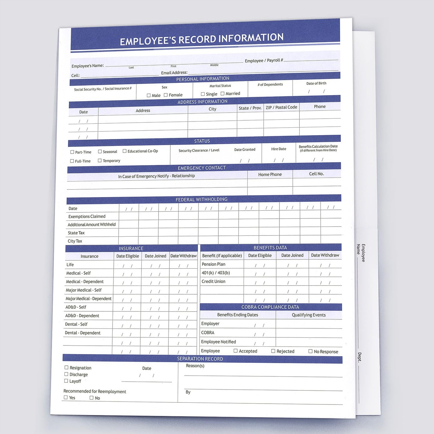 Employee Record Folders, Secure, Large Capacity and Durable Employee Info Record Organizer, Preprinted 25 Pack (Blue)
