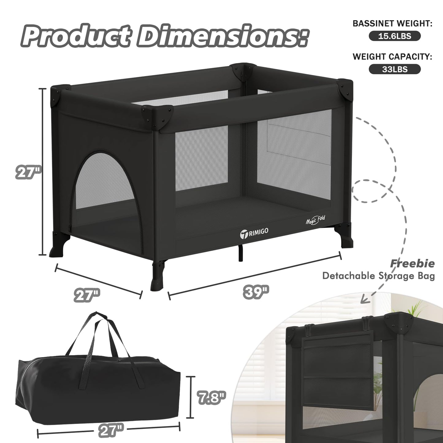 Trimigo Baby Playard, Portable Travel Crib,Baby Playpen - Baby Safe Folding Travel Bed w/Mattress, Breathable Mesh | Compact Lightweight Baby Bed for Babies & Toddlers (Black)