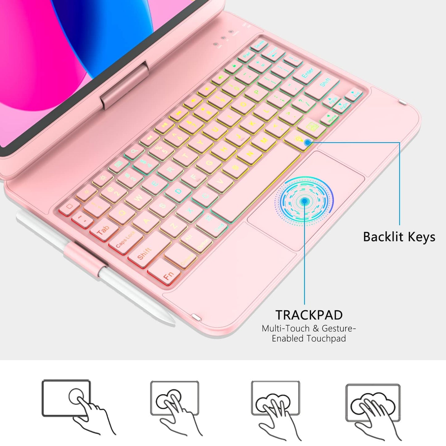 CC Store Touchpad Keyboard Case for iPad 10th Generation 10.9" 2022, Multi-Touch & Backlit Keys, 360° Rotatable & Pencil Holder,for New iPad 11 Generation(A16) 11-inch Case Keyboard (Rose Gold)