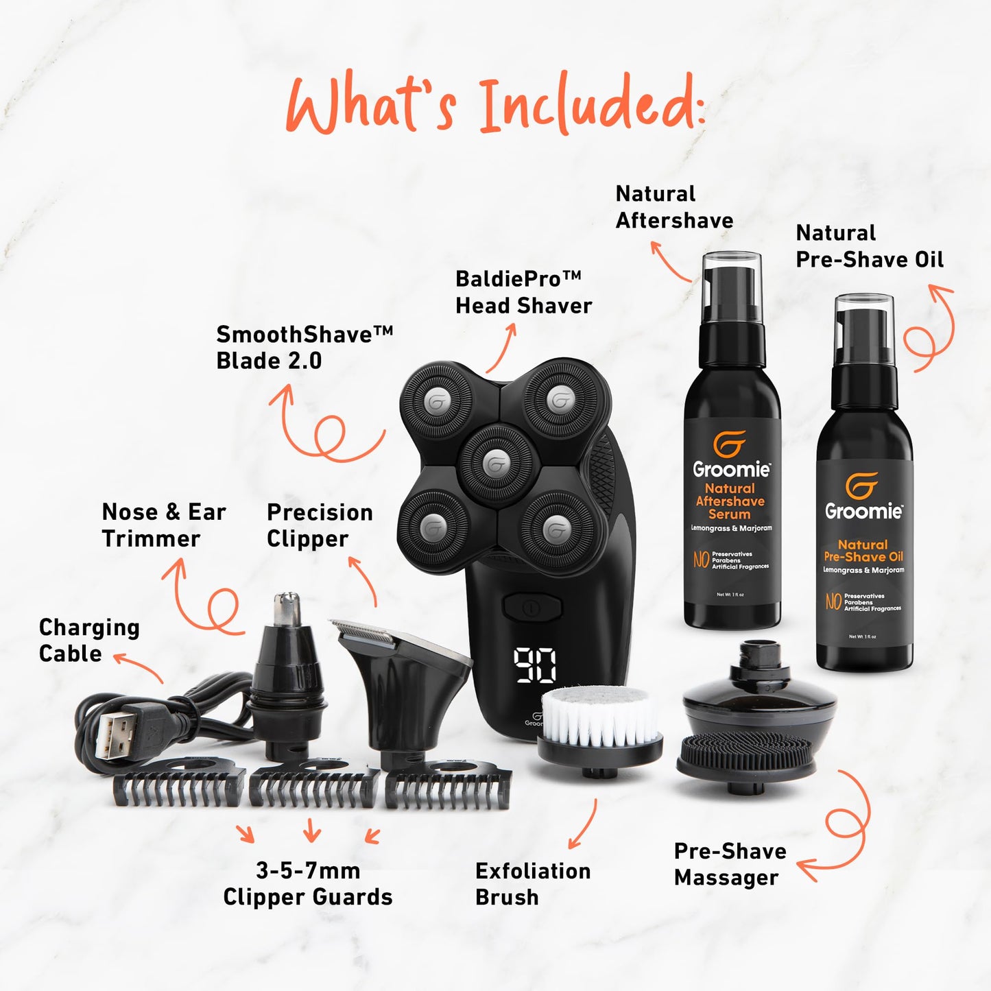 GROOMIE No Hair, Don't Care Bundle - 5D BaldiePro Electric Head Shavers for Bald Men, Natural Pre-Shave Oil to Promote Close Shave, & Natural Aftershave Serum - Mens Head Shaver Kit w/Electric Razor