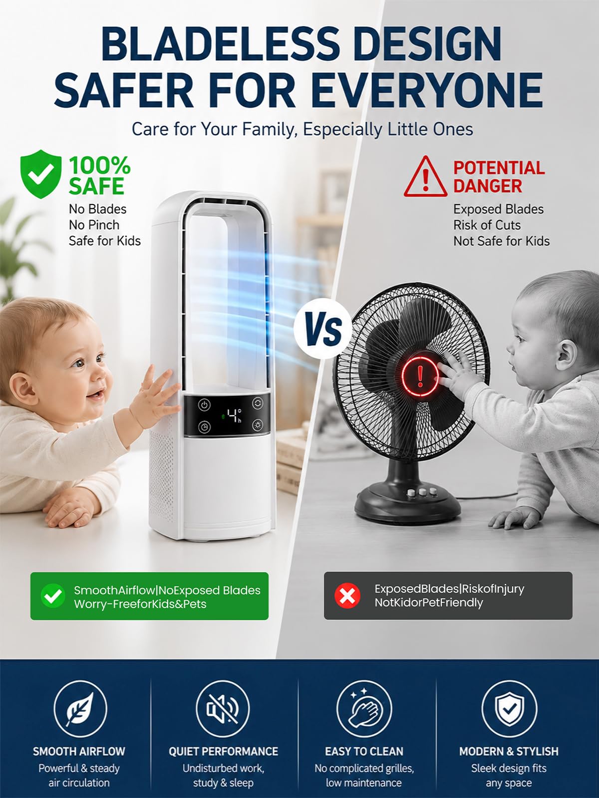 Desk Fan Bladeless, 120° Oscillating Fan Rechargeable, Quiet Fan with Night Light, Smart LED Touch Control, 4 Speed & 9H Timer, Small Table Fan, Auto Display Off, Ideal for Home, Office, Study Room