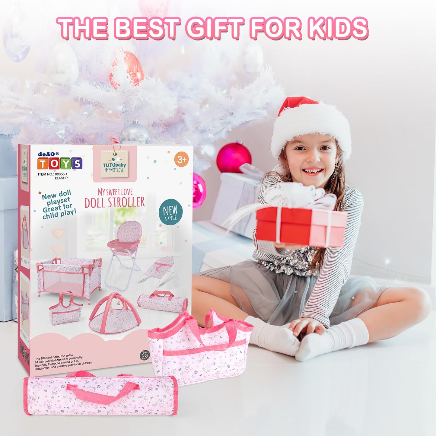 deAO Baby Doll Accessories Baby Doll Playset Doll High Chair Baby Doll Crib Bed Play Mat Storage Bag Handbag Wing - 6 in 1 Pink Dolls Playset with Furniture Toys for 12-14’’ Dolls