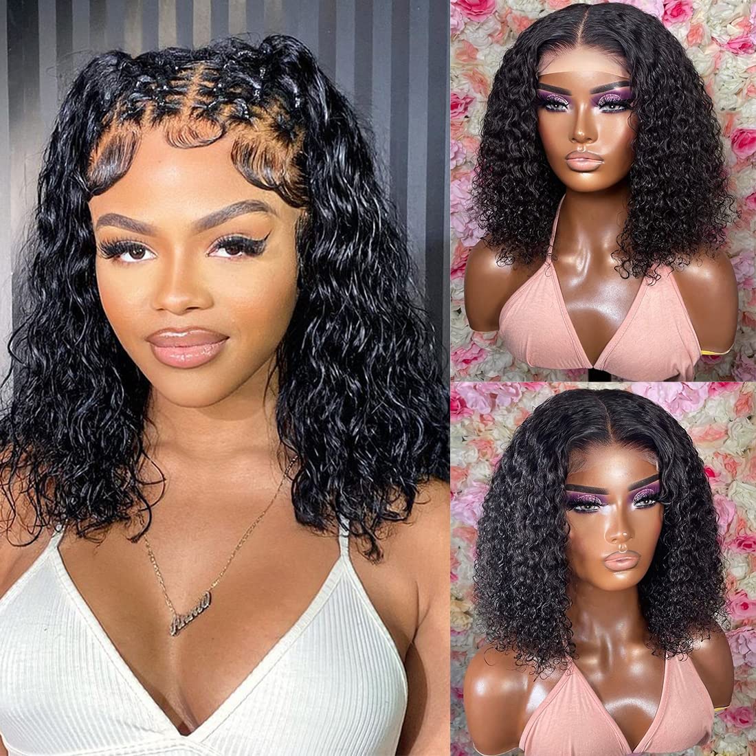 Recomtic Curly Bob Wigs Human Hair Short 13x4 Wet and Wave Lace Front Wigs for Black Women Human Hair Water Wave Wig with Baby Hair Natural Color 12Inch