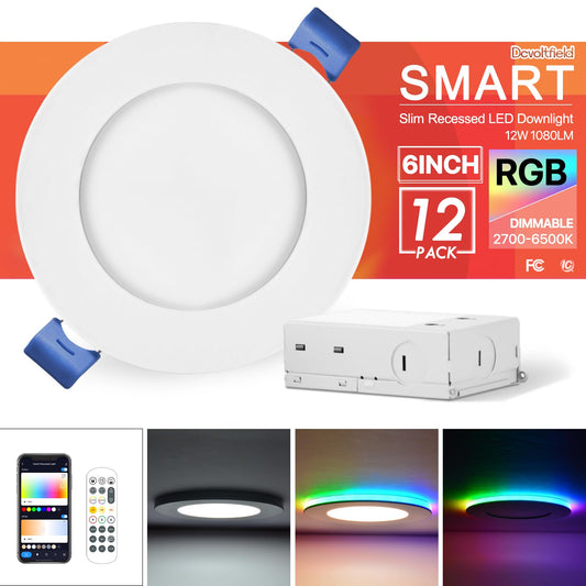 12Pack Smart RGB Recessed Lighting 6Inch,Ultra-Thin Canless LED Downlight, 2.4GHz Wi-Fi Bluetooth Direct Connect, 2700K-6500K,12W,1080LM,Work with Tuya App, Alexa,Google Assistant, Music Sync