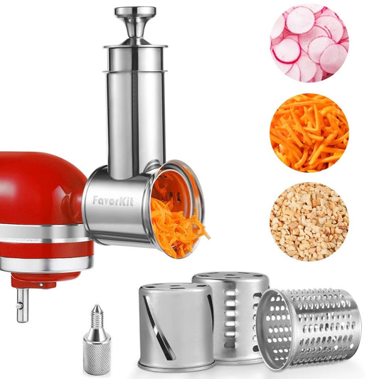 FavorKit Large Stainless Steel Slicer Shredder Attachment for KitchenAid Mixers, Dishwasher Safe Salad Maker, Cheese Grater Accessories with 3 Blades & 1 Knob Thumb Screw